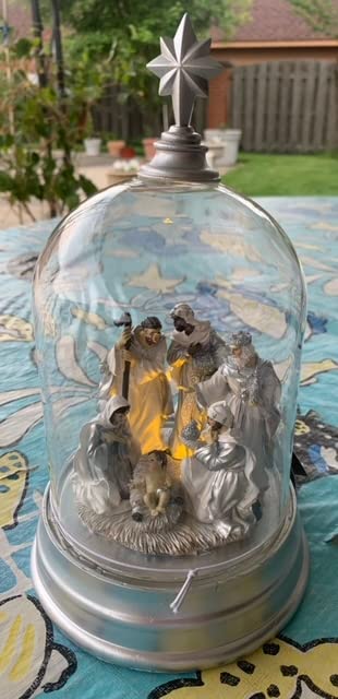 10in Tall Light Up Nativity Scene Cloche - Silver & White Christmas Decoration for Home, Tabletop, Mantel & Holiday Décor