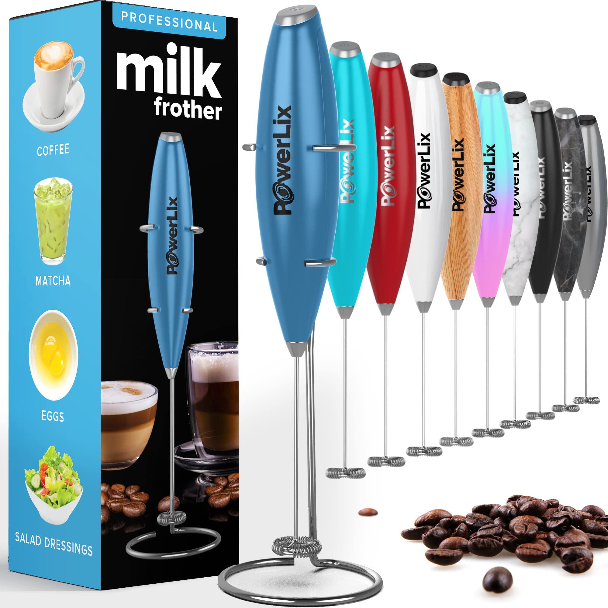 PowerLix Handheld Electric Milk Frother - Battery Operated Mini Whisk for Coffee, Latte, Cappuccino & Hot Chocolate - Includes Stainless Steel Stand - Perfect for Home, Office & Travel (Blue Breeze)