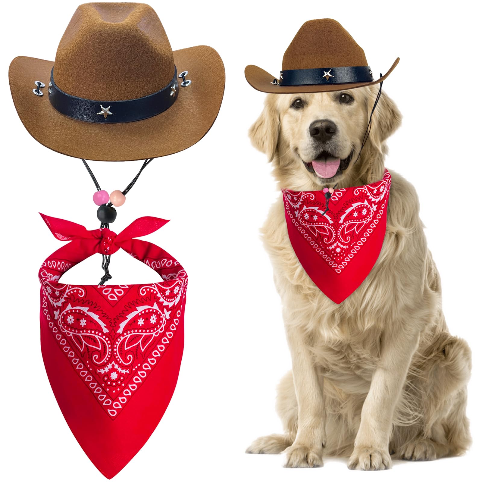 Funny Pet Cowboy Hat & Bandana Costume Set for Dogs & Cats - Western Cowboy Accessories for Halloween, Birthday Parties & Mexican Themed Events - Perfect for Daily Wear & Photo Shoots (Brown)
