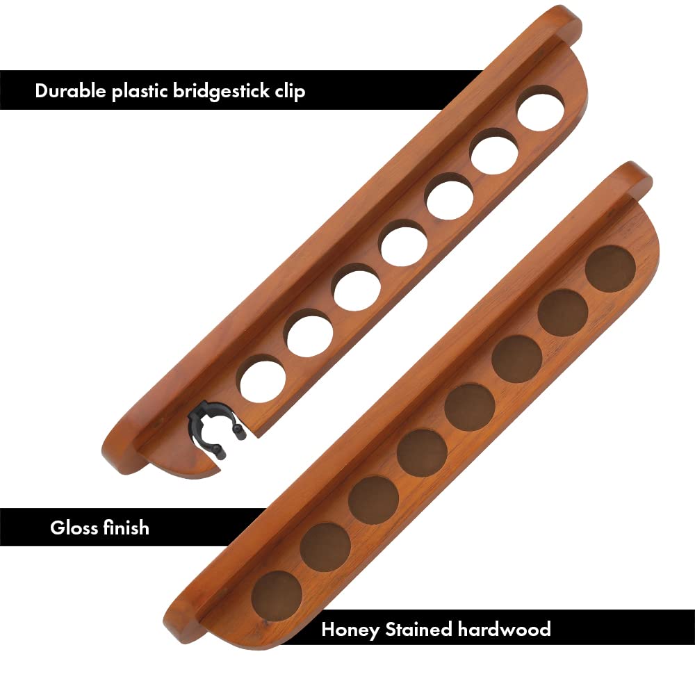 7-Piece Stained Wood Pool Cue Wall Rack with Secure Clip - Perfect for Billiards Room, Game Room, or Man Cave Decor