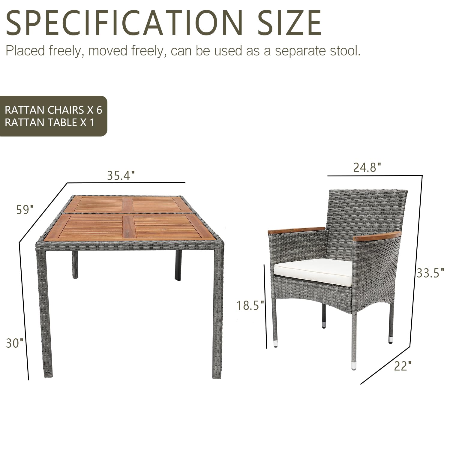 7-Piece Outdoor Patio Dining Set with Table and 6 Chairs - Weather-Resistant Grey Patio Furniture for Backyard, Garden, Deck or Poolside Entertaining