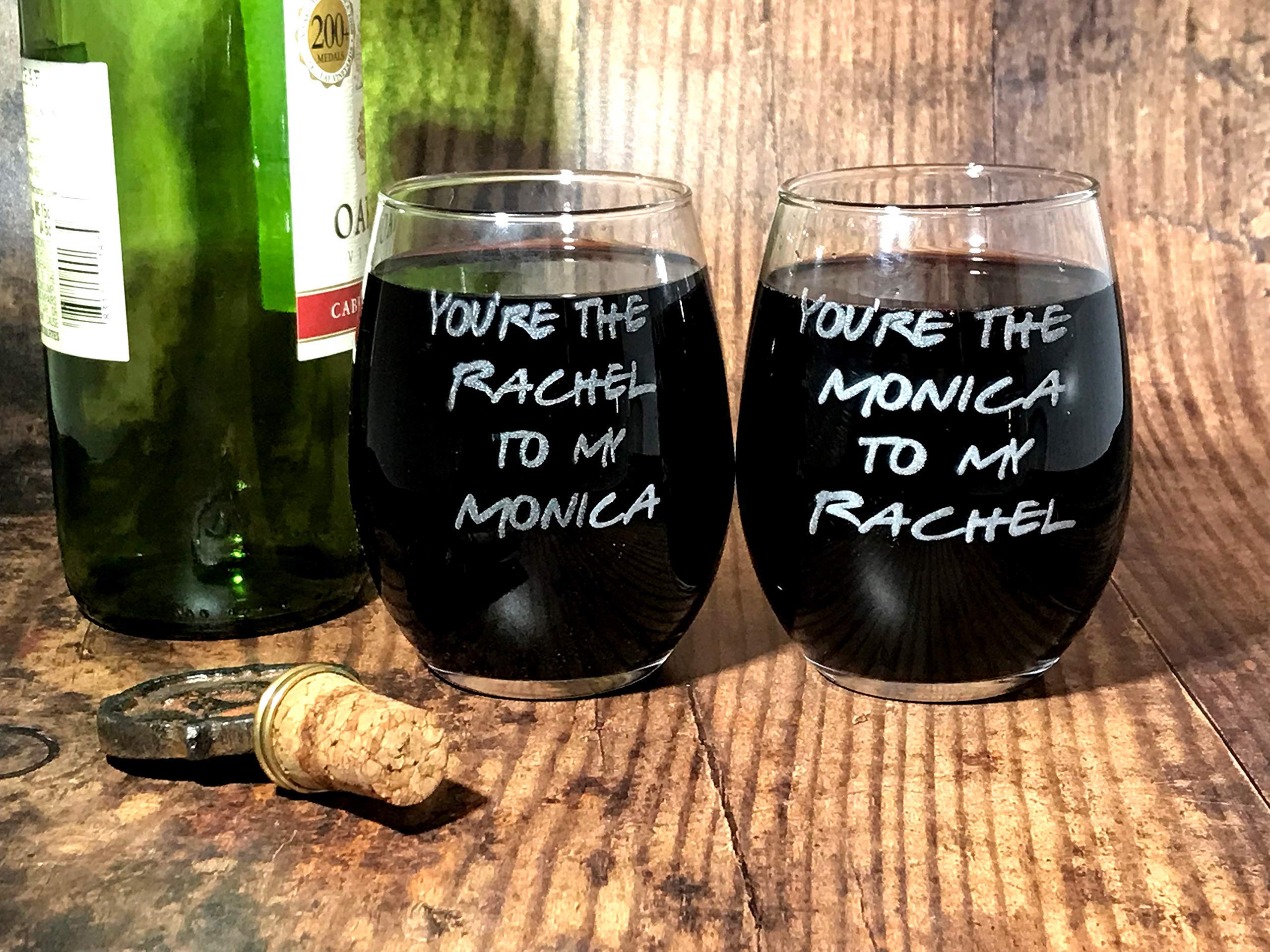 Best Friends Monica and Rachel Wine Glass Set - 2-Piece Funny TV Show Themed Gift for Friends, Bachelorette Parties & Wine Nights