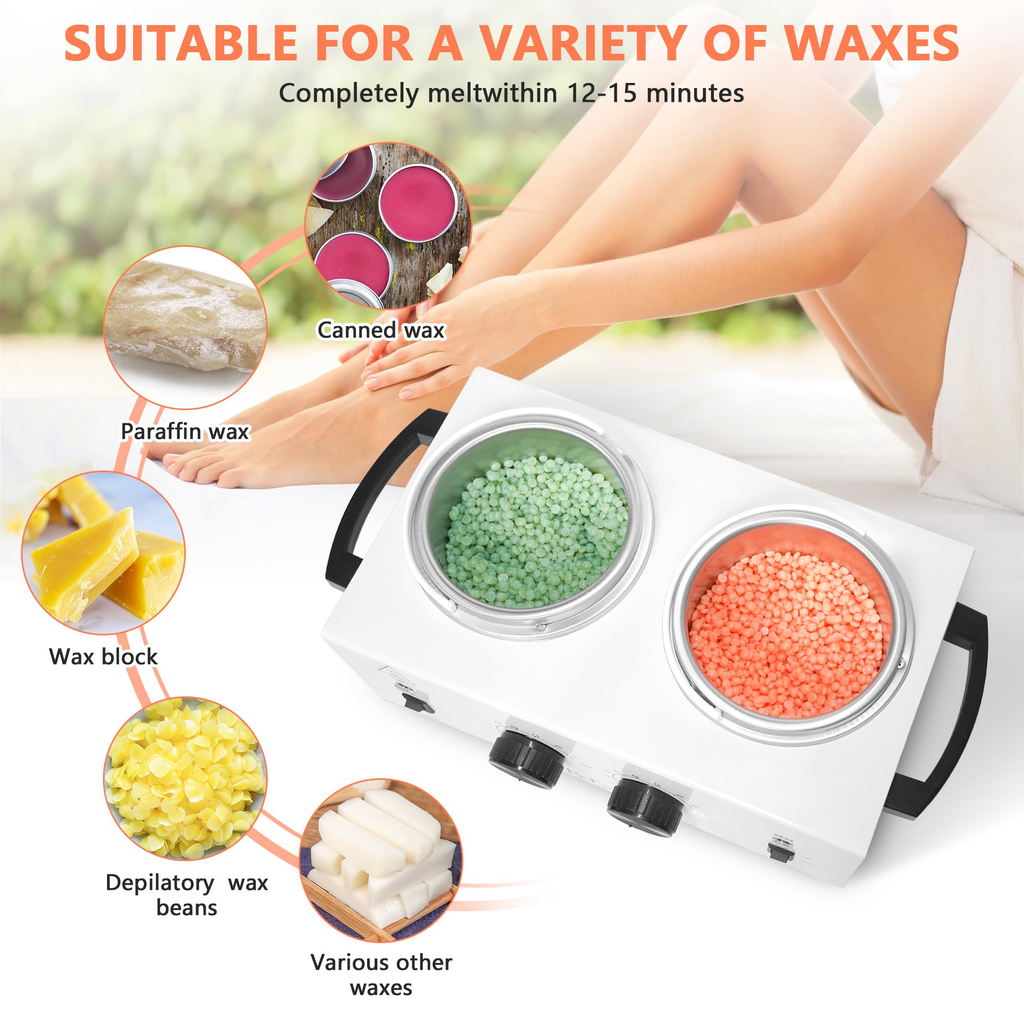 Professional Wax Warmer Double Pot Waxing Kit - Adjustable Temperature Hair Removal Heater Machine with 50 Wax Sticks & 20 Protective Collars for Salon, Spa & Home Use - Painless Hair Removal for Legs, Arms, Bikini & Face
