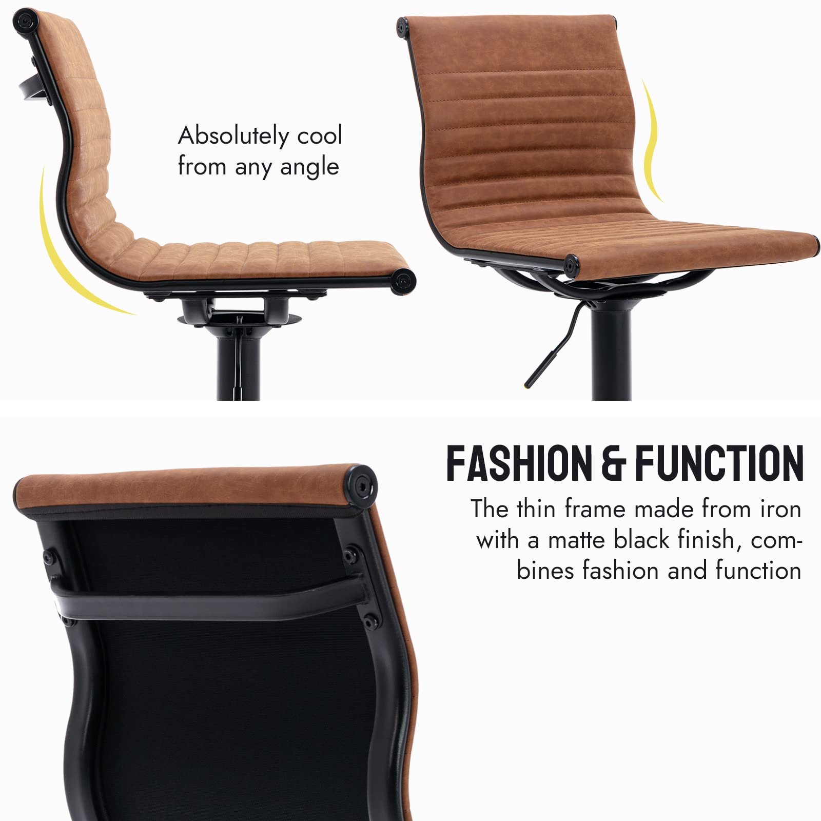 Modern Adjustable Height Metal Bar Stools Set of 2 - Brown PU Leather Armless Counter Stools with Black Base for Kitchen Island, Bar & Dining Room | Perfect for Breakfast Nook, Home Bar & Entertainment Areas
