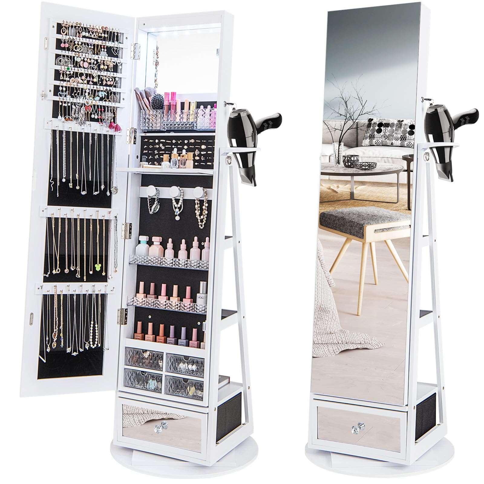 CHARMAID 360° Swivel Jewelry Cabinet Armoire with Full Length Mirror - 64.5