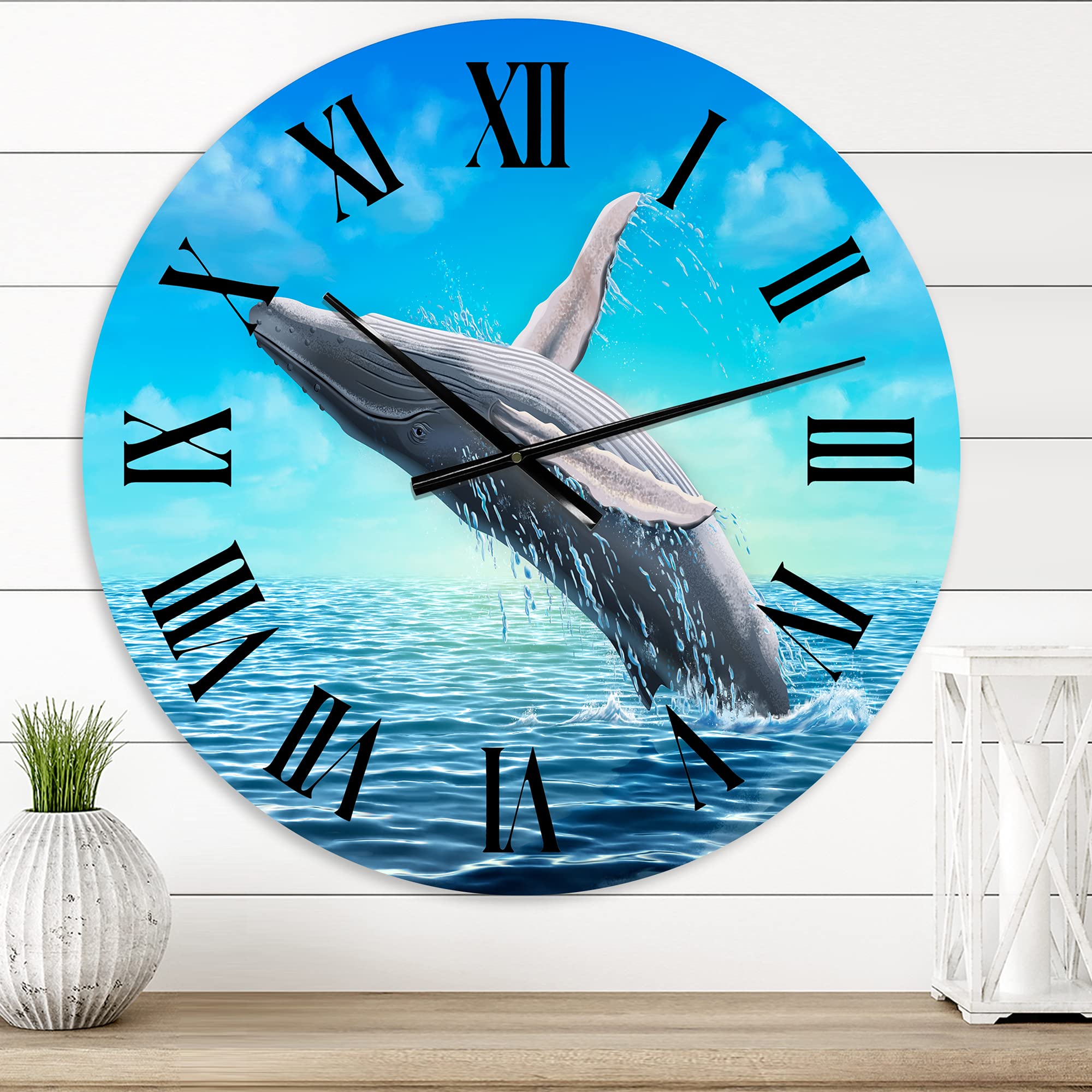 Farmhouse Wall Clock - Large Nautical Humpback Whale Design for Living Room, Kitchen, Bedroom Decor | Rustic Beach Themed Home & Office Wall Art