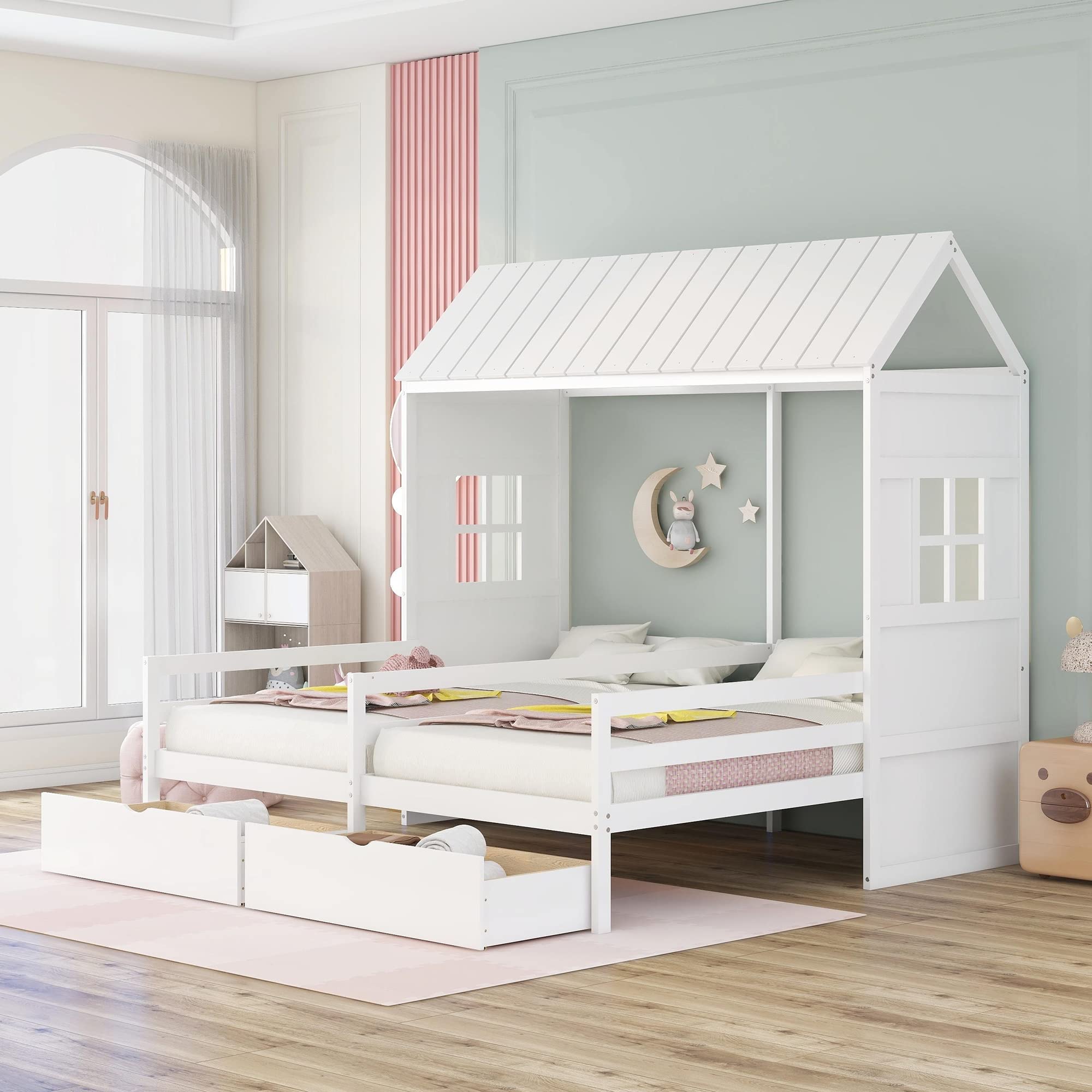 LZ LEISURE ZONE Twin Size Wooden House Bed with 2 Storage Drawers - Kids Tent Bed for Shared Bedroom, No Box Spring Required, White - Perfect for Siblings Room & Sleepover Fun