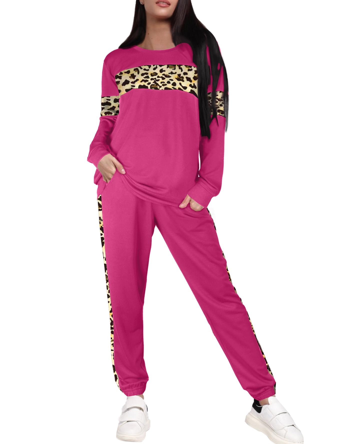 Sipaya Women's 2-Piece Colorblock Striped Sweatsuit Set with Pockets - Crewneck Sweatshirt & Lounge Pants for Casual Wear, Workout, and Home Comfort