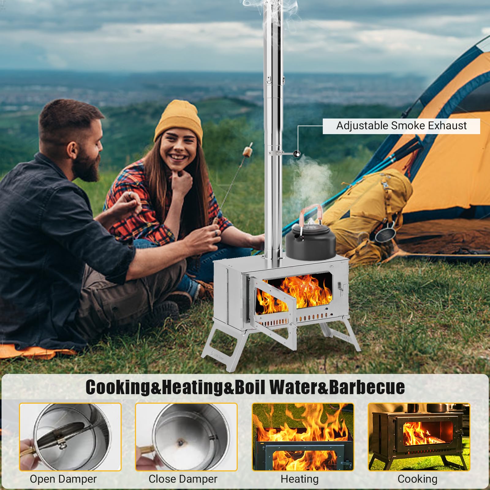 Portable Wood Burning Camping Stove with View Glass - 5 Chimney Pipes Stainless Steel Tent Heater for Outdoor Cooking, Hunting & Winter Camping | Perfect for Backpacking, RV Trips & Emergency Heating
