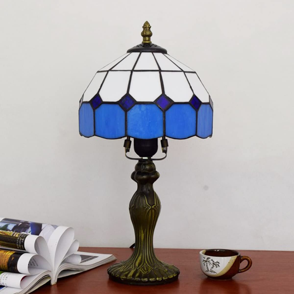 Blue Mediterranean Tiffany Style Desk Lamp - 14.2 Inch Handmade Stained Glass Shade with Resin Base - Perfect for Living Room, Bedside, Coffee Bar & Home Decor