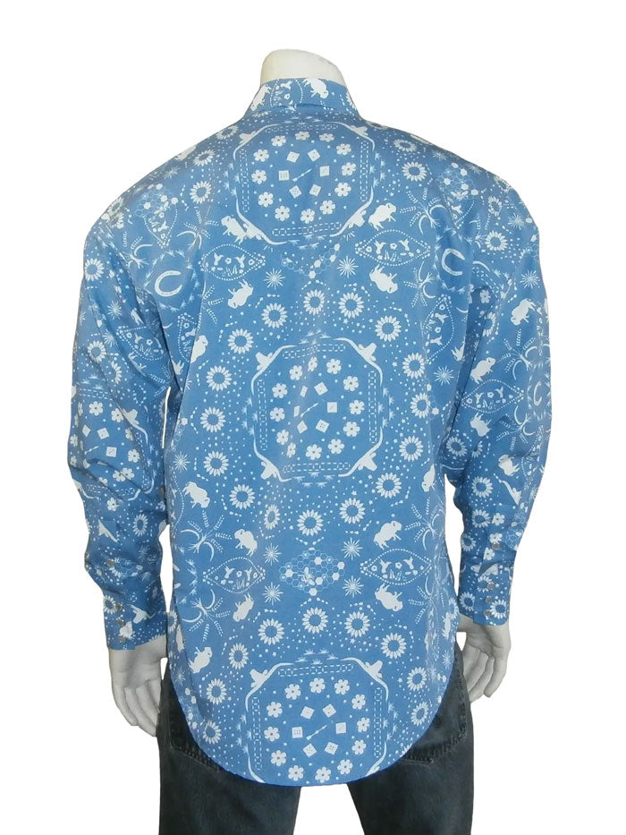 Rockmount 6733 Men's Western Shirt - Bison Bandana Print Plaid Button Down Shirt in Blue | Cowboy Style for Rodeo, Country Music Festivals & Casual Wear