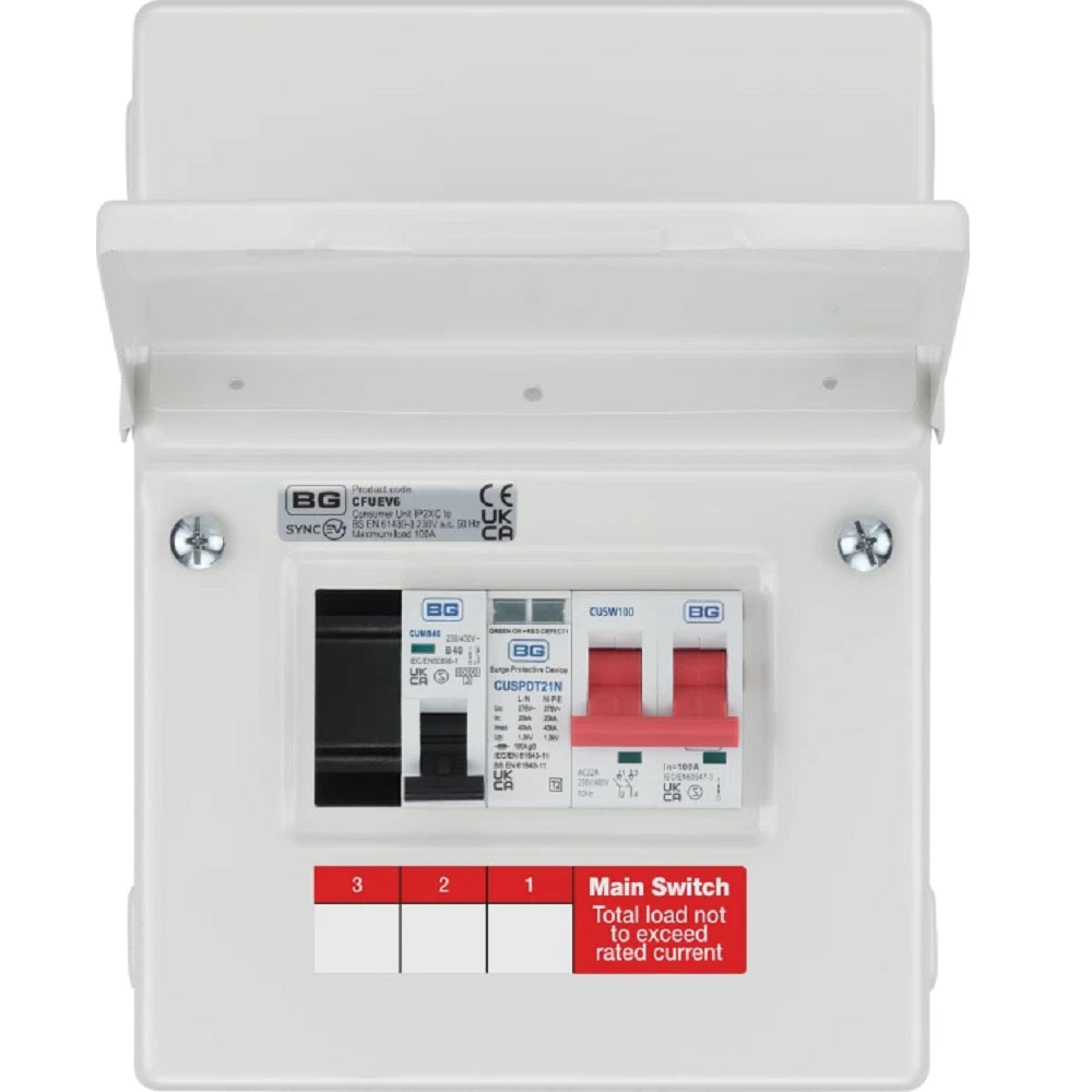 BG Fortress 5 Module Enclosure 100A Main Switch 40A MCB Type 2 SPD + 1 Spare Way CFUEV6 - Electrical Panel for Home and Commercial Use, Solar Power System Protection