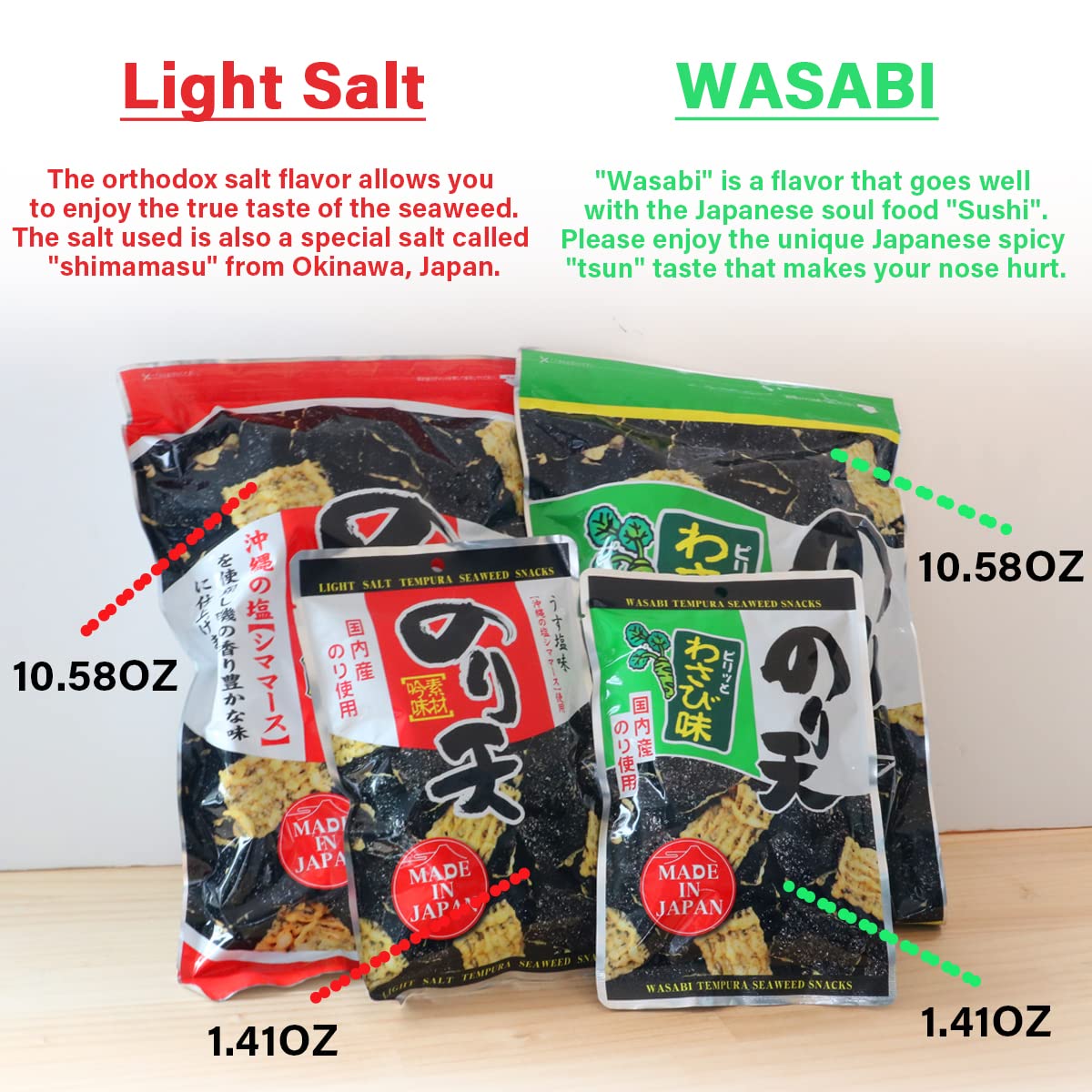 NORITEN Japanese Tempura Seaweed Snacks - Authentic Wasabi Flavor, 10.58OZ - Crunchy Japanese Seaweed Chips for Healthy Snacking, Party Favors & Asian Food Lovers - Made in Japan