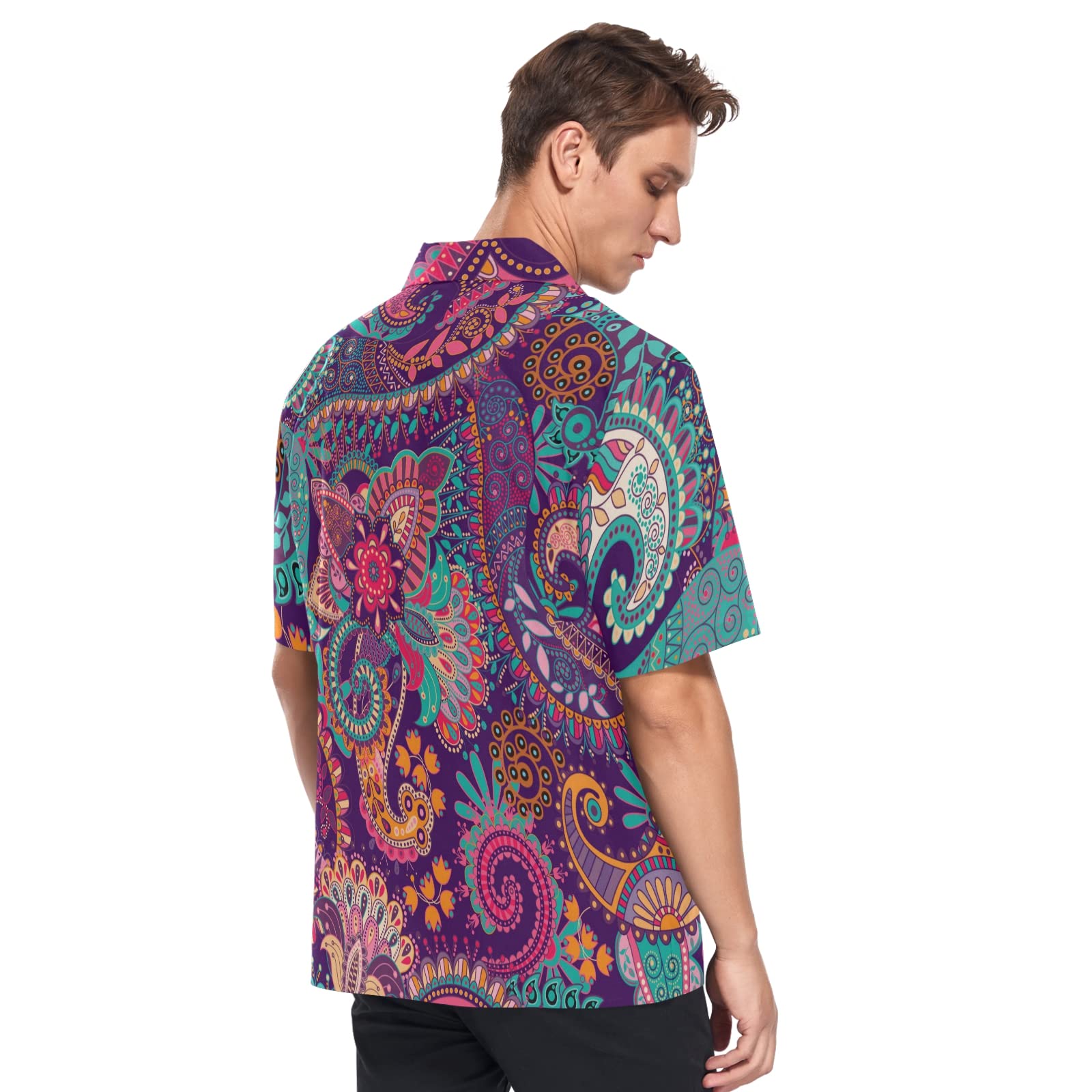 India Mandala Floral Men's Hawaiian Shirt - Short Sleeve Boho Button Down Aloha Shirt for Beach, Vacation & Summer Wear - Breathable Cotton Casual Dress Shirt for Tropical Parties, Luau & Outdoor Events