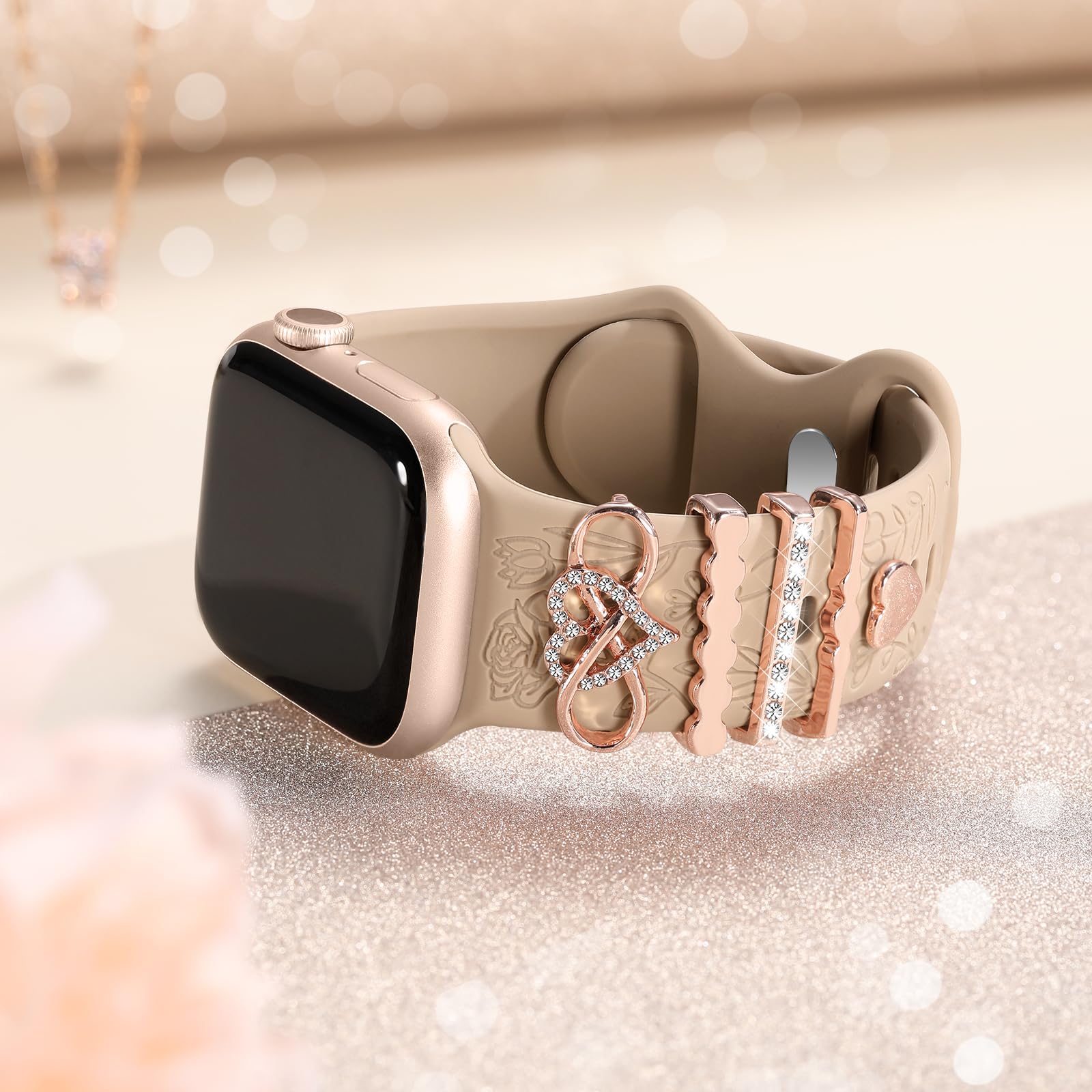 DaQin Floral Engraved Silicone Band Compatible with Apple Watch 38mm 40mm 41mm 42mm 44mm 45mm - Women's Decorative Strap for Series SE/1/2/3/4/5/6/7/8/9 - Perfect for Workouts, Office Wear & Everyday Fashion Accessory