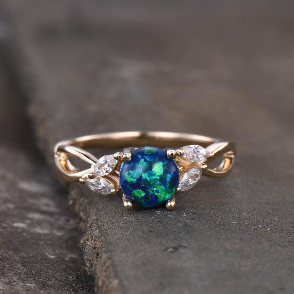 14K/18K Rose Gold Black Blue Opal Moissanite Engagement Ring - Art Deco Style for Wedding, Proposal & Anniversary Gifts