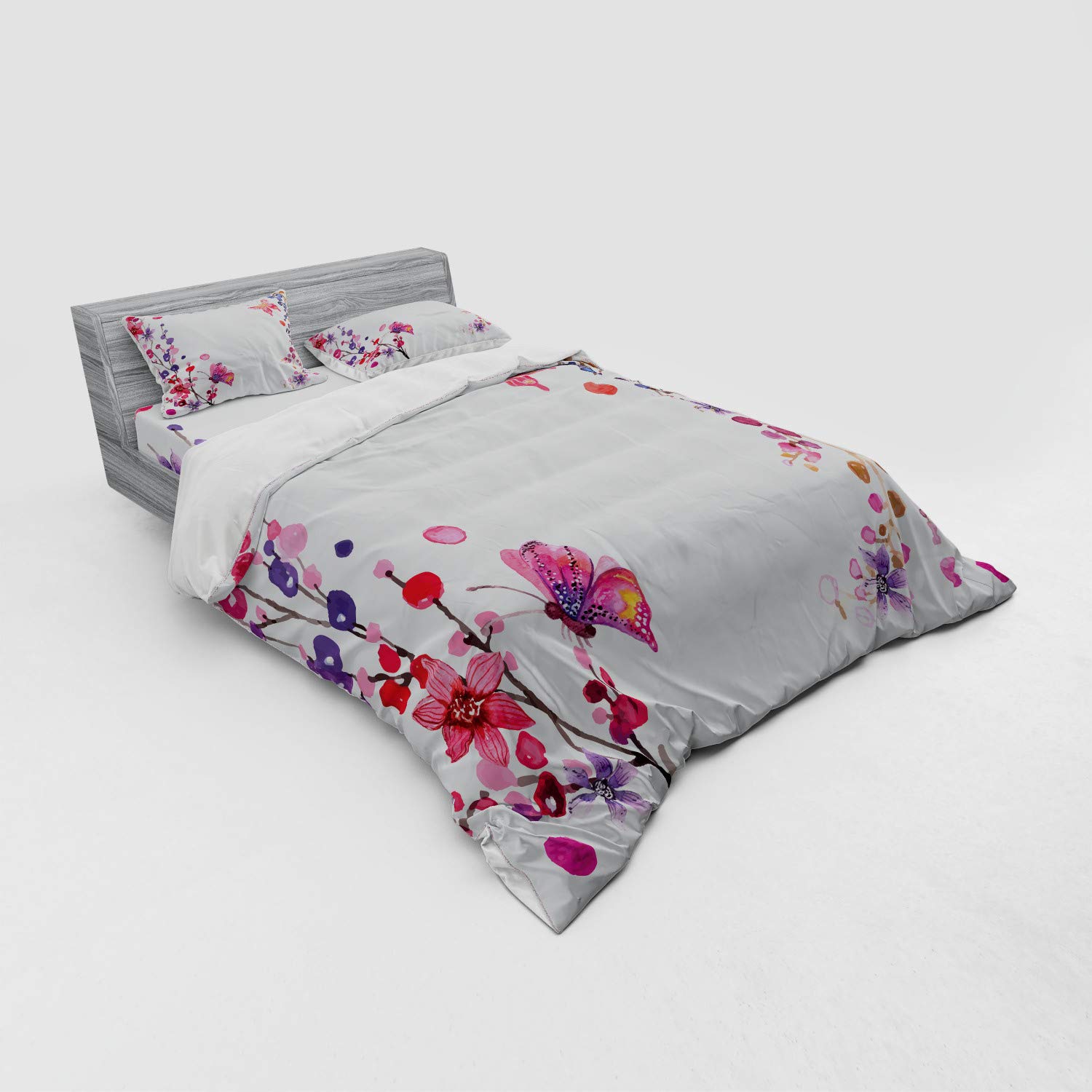 Ambesonne Butterfly Duvet Cover Set - Queen Size 3 Piece Boho Floral Bedding with Aquarelle Design, Purple White Pink - Perfect for Spring & Summer Bedroom Decor, Boho Chic Home Styling