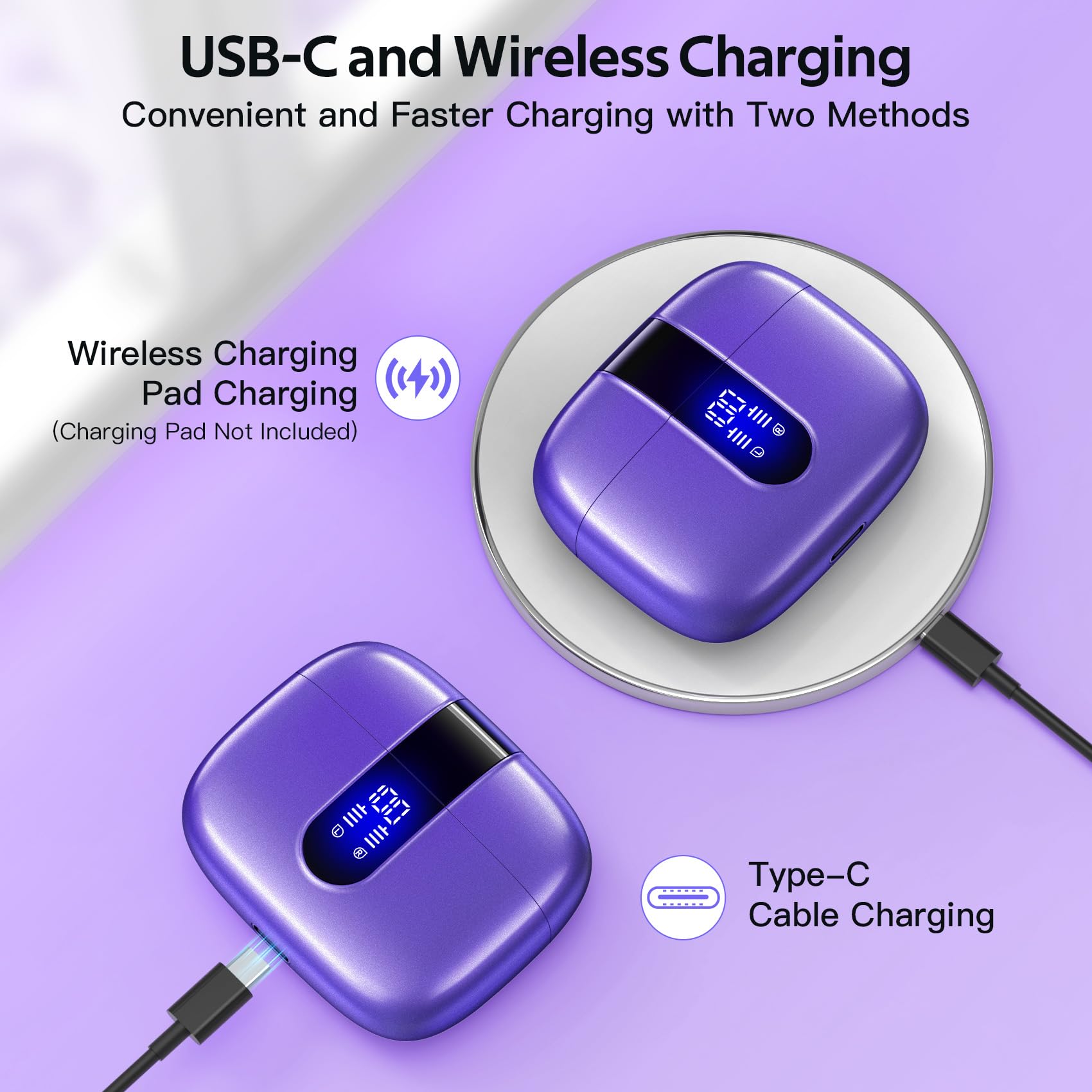 TAGRY 2 Pairs True Wireless Bluetooth Earbuds - X08 Ocean Blue & Phantom Purple, 60H Playtime, Wireless Charging Case, Built-in Mic, IPX5 Waterproof - Perfect for Gym, Running, Workouts & Commuting