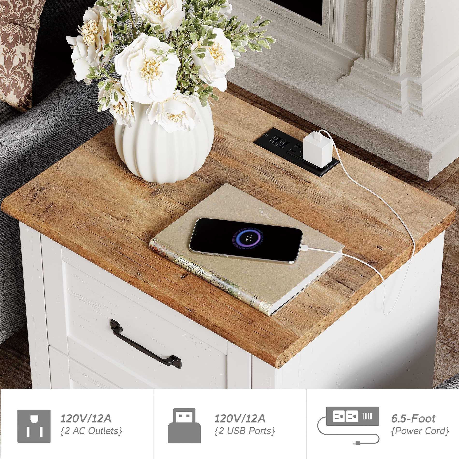 WAMPAT White Nightstand with Charging Station - Mid Century Modern Bedside Table with 2 Drawers - Wooden End Table for Bedroom & Living Room - Perfect for Phone Charging & Bedside Storage
