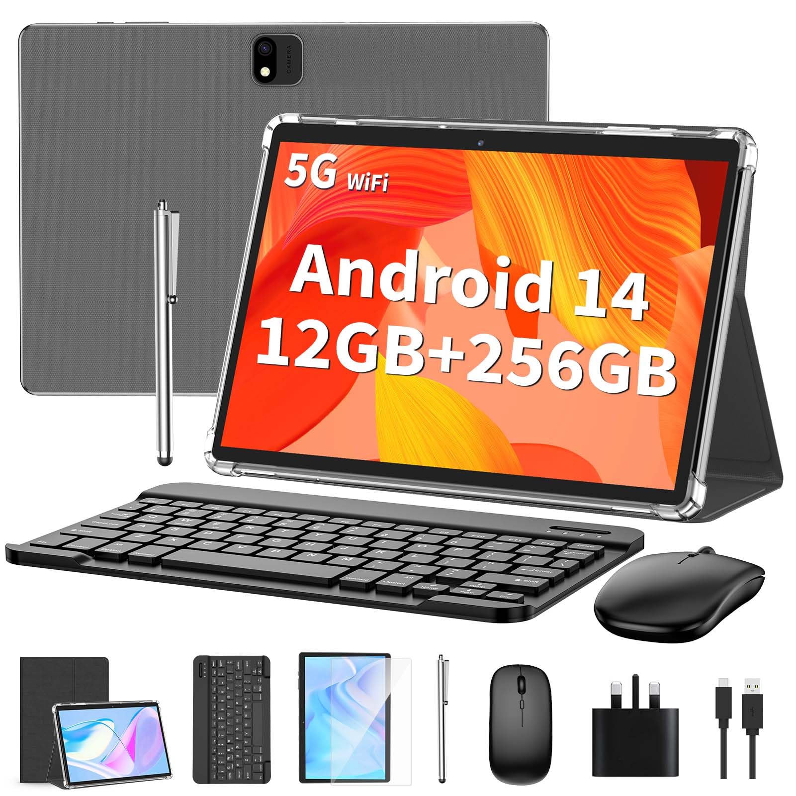 QDDQ Android 14 Tablet 10 inch with Keyboard - 12GB RAM 256GB Storage (Expandable to 1TB) 2-in-1 Laptop Tablet with Case, Mouse & Stylus - 8000mAh Battery, Dual-Band WiFi, GPS - Perfect for Work, Study & Entertainment