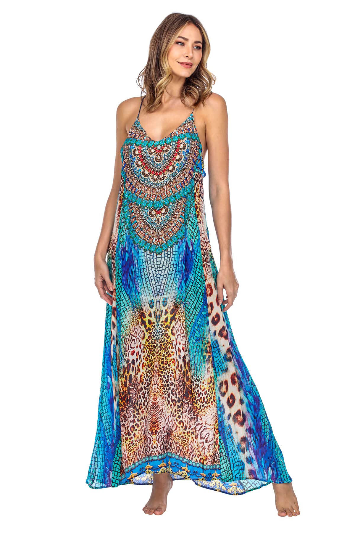 La Moda Women's Spaghetti Strap V-Neck Flowy Maxi Dress - S/M, Summer Casual Beach Dress for Resort, Pool Party & Vacation (Style 21008 TB, M)