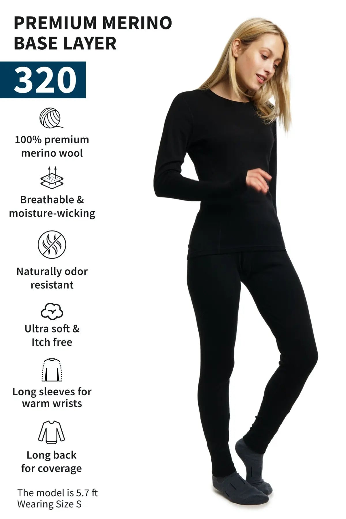 Women's Merino Wool Thermal Underwear Set 320 GSM Black - Warm Base Layer for Winter, Skiing & Outdoor Activities