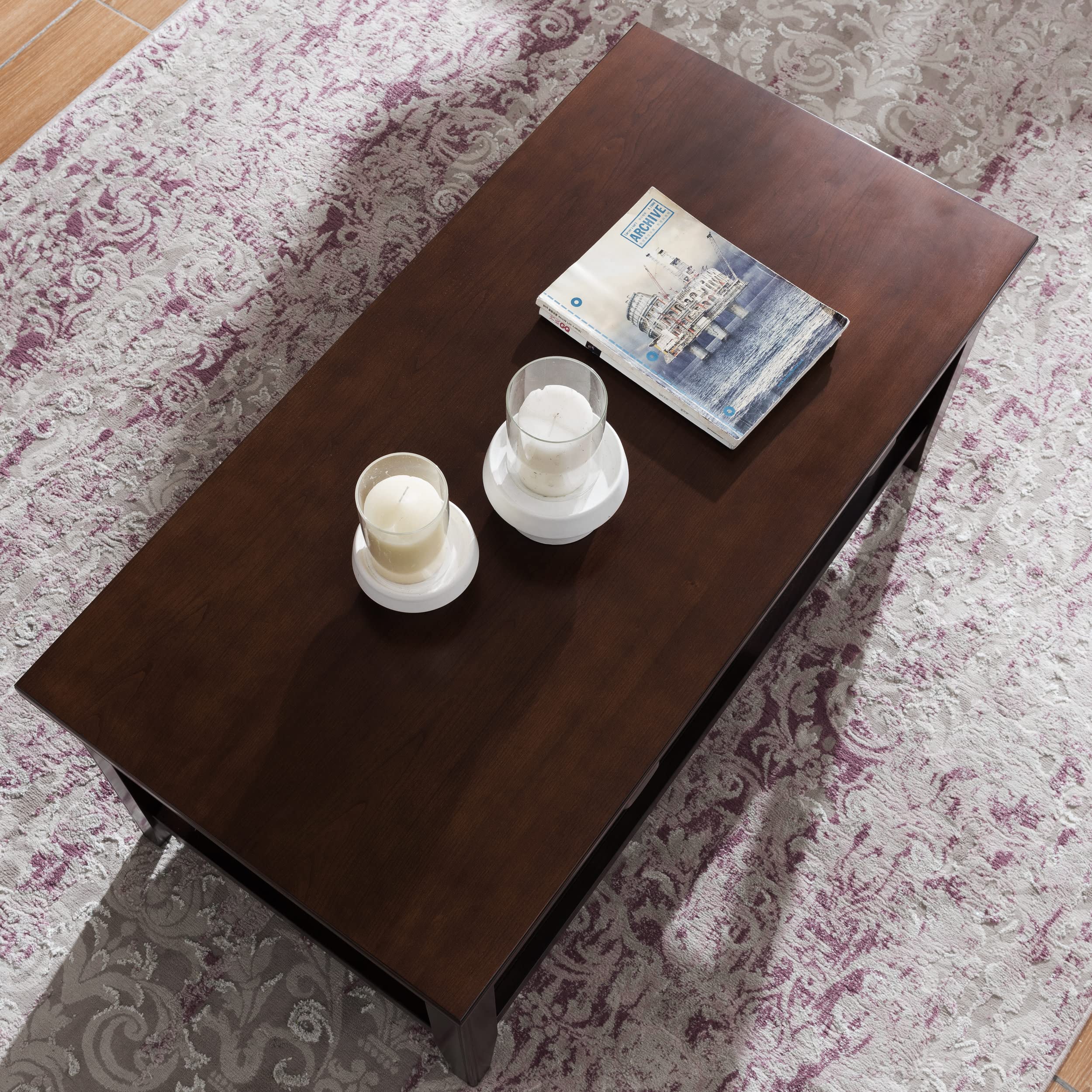 Leick Home 10504 Laurent 2-Drawer Coffee Table with Shelf in Chocolate Cherry Finish - Modern Living Room Furniture for Small Spaces & Home Decor