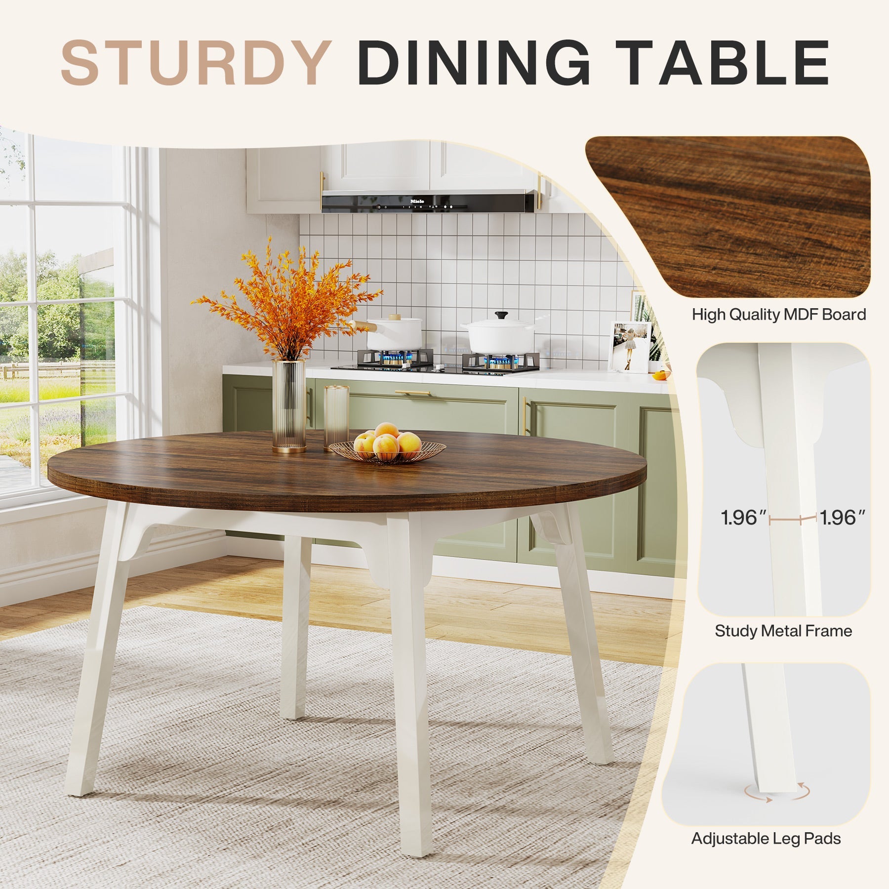 47 Inch Round Farmhouse Dining Table - Solid Wood Kitchen Table for 4-6 People | Perfect for Family Meals, Dinner Parties & Small Space Dining Rooms