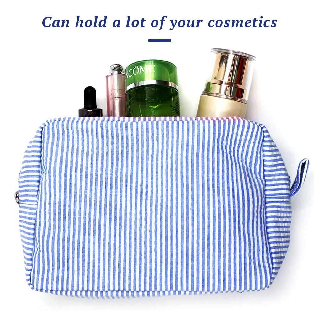 Seersucker Cosmetic Bag for Women - Large Makeup Pouch with Zipper Closure, Travel Toiletry Organizer Case for Girls | Perfect for Travel, Gym, and Daily Essentials Storage