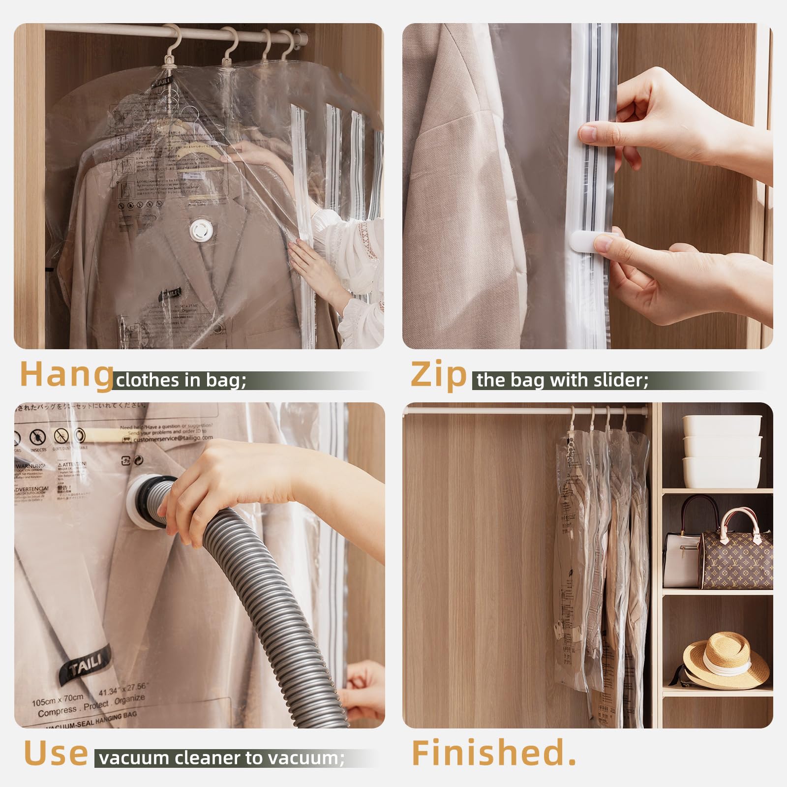 TAILI Vacuum Storage Bags for Clothes - 6 Pack Space Saver Bags (3 Long + 3 Short) | Airtight Compression Bags for Suits, Jackets & Seasonal Clothing | Closet Organizer & Travel Storage Solution | Perfect for Home Organization, Moving & Space Saving