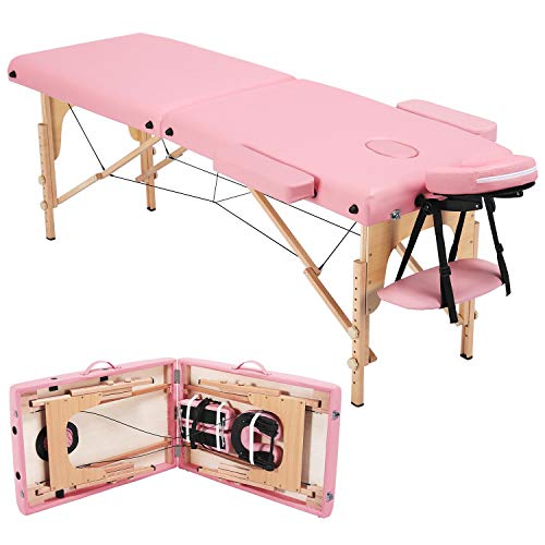 Yaheetech Portable Folding Massage Table - Adjustable 2-Fold Lash Bed & Spa Table with Non-Woven Carry Bag (Pink) | Perfect for Salon, Home Spa & Professional Massage Therapists