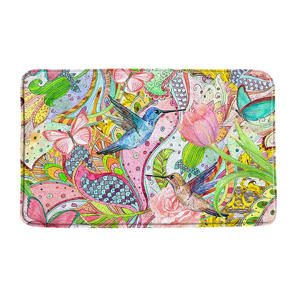 Boho Flower Bath Mat - Watercolor Hummingbird & Floral Paisley Print Microfiber Memory Foam Rug - Non-Slip Abstract Green Leaf Ethnic Mandala Design for Shower, Bathroom, Kitchen & Toilet Floor - Soft & Absorbent Home Decor