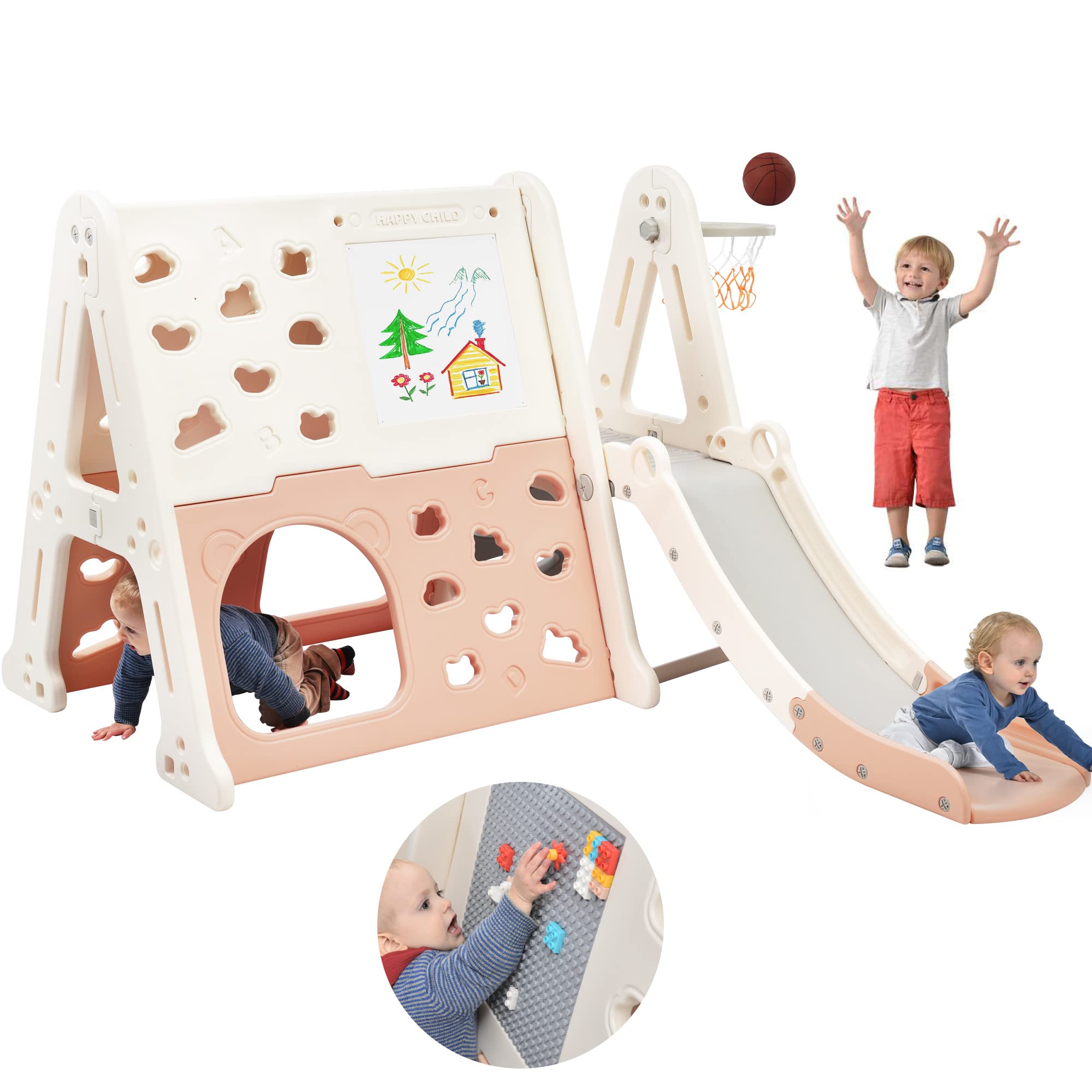 Merax 7-in-1 Triangle Climber with Slide - A-Frame Play Set with Art Easel & Basketball Hoop for Toddlers Ages 1-5 | Indoor/Outdoor Climbing Gym, Crawling Tunnel & Activity Center (Pink) - Perfect for Backyard Play, Preschool Development & Montessori Learning