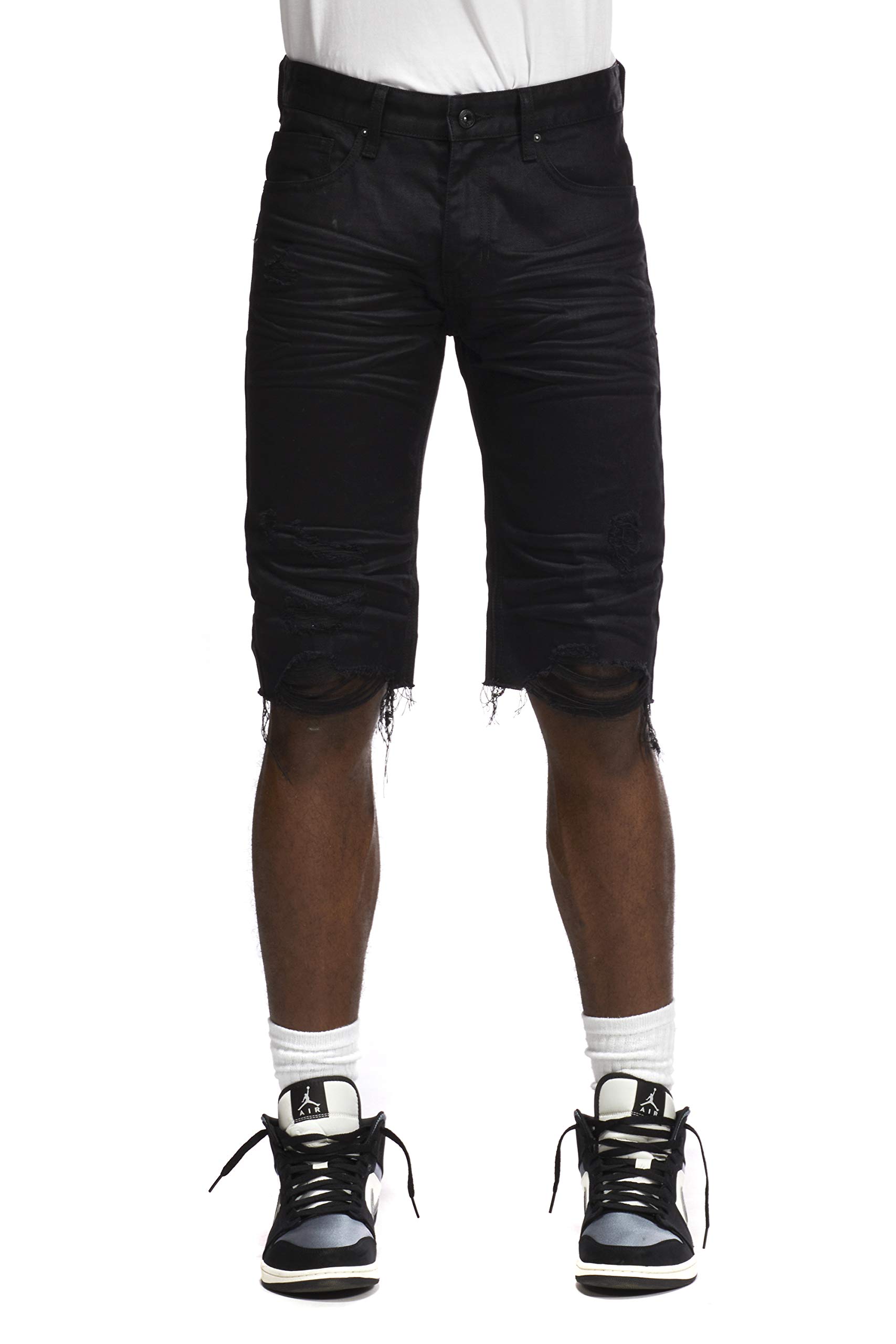 Smoke Rise Men's Rip & Repair Denim Jeans and Shorts - Distressed Stretch Denim Pants in Deep Jet Black | Casual Wear, Street Style, Everyday Comfort