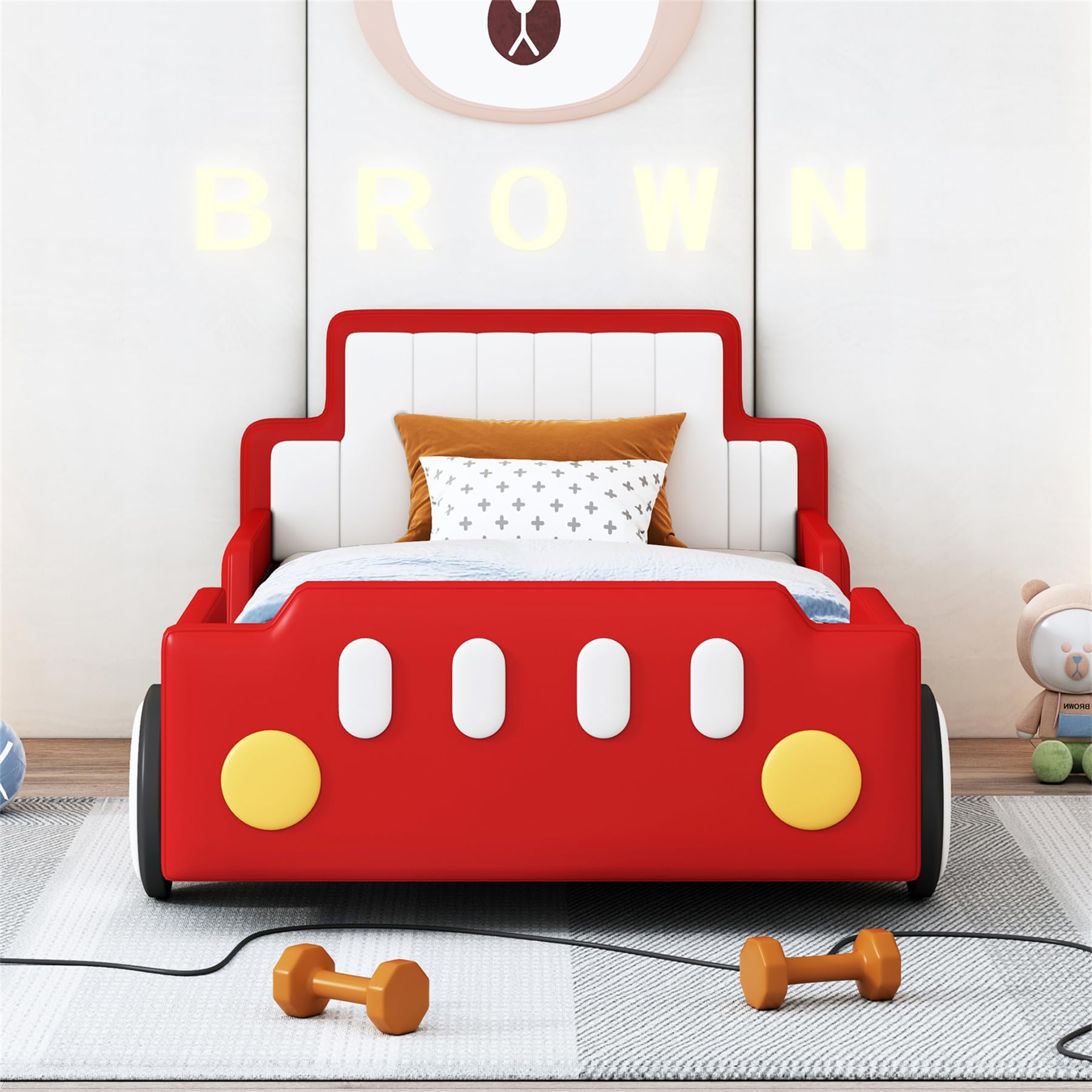 Merax Twin Size Race Car Platform Bed for Boys - No Box Spring Needed with Soft PU Leather Headboard & Footboard, Wheels Included | Perfect Kids Bedroom Decor for Racing Theme & Small Spaces