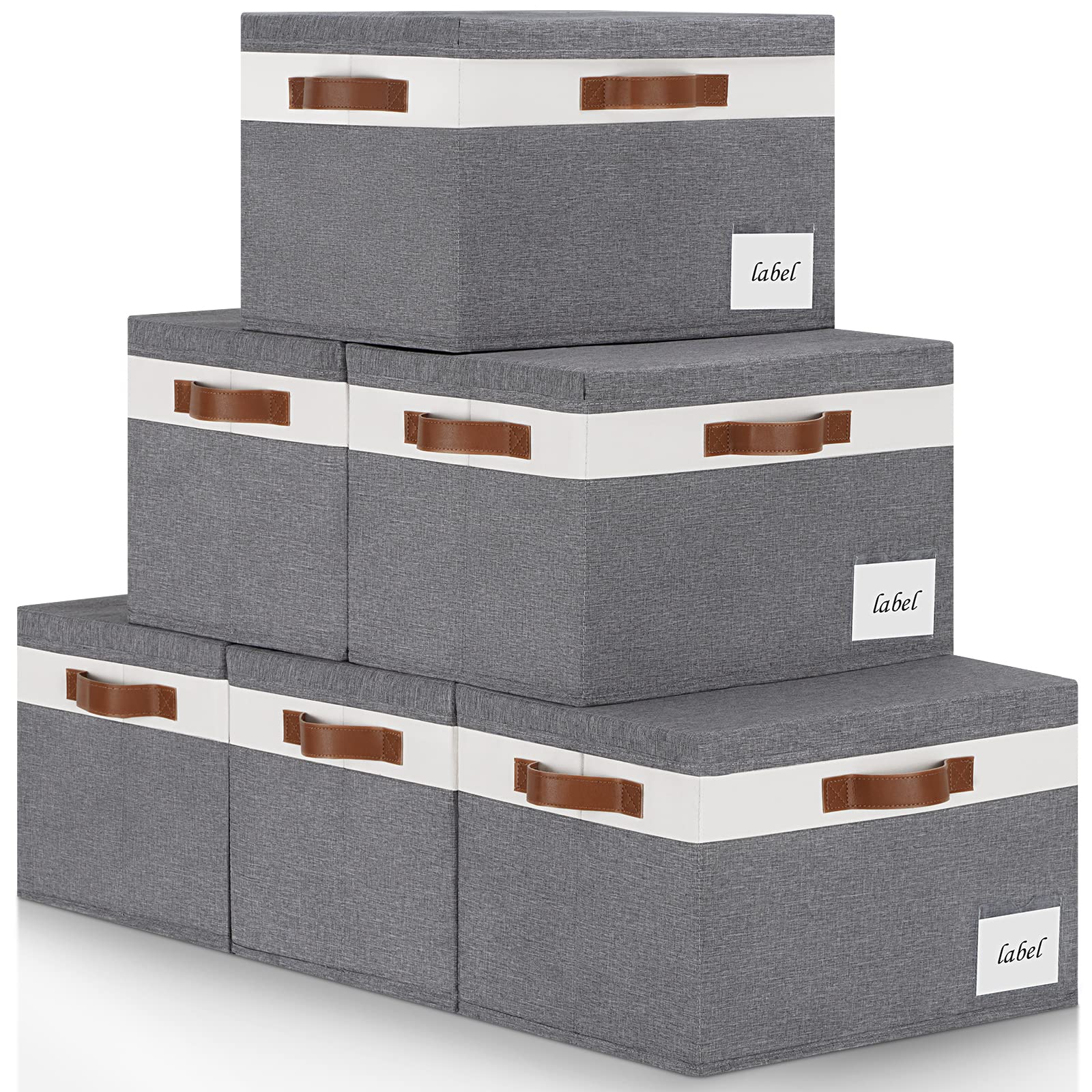 Extra Large Foldable Fabric Storage Bins with Lids - 32L Sturdy Storage Boxes with 3 PU Handles & Labels for Closet Organization, Home, Bedroom, Office - Perfect for Seasonal Clothes, Toys, Blankets & Home Decluttering (Grey & White)