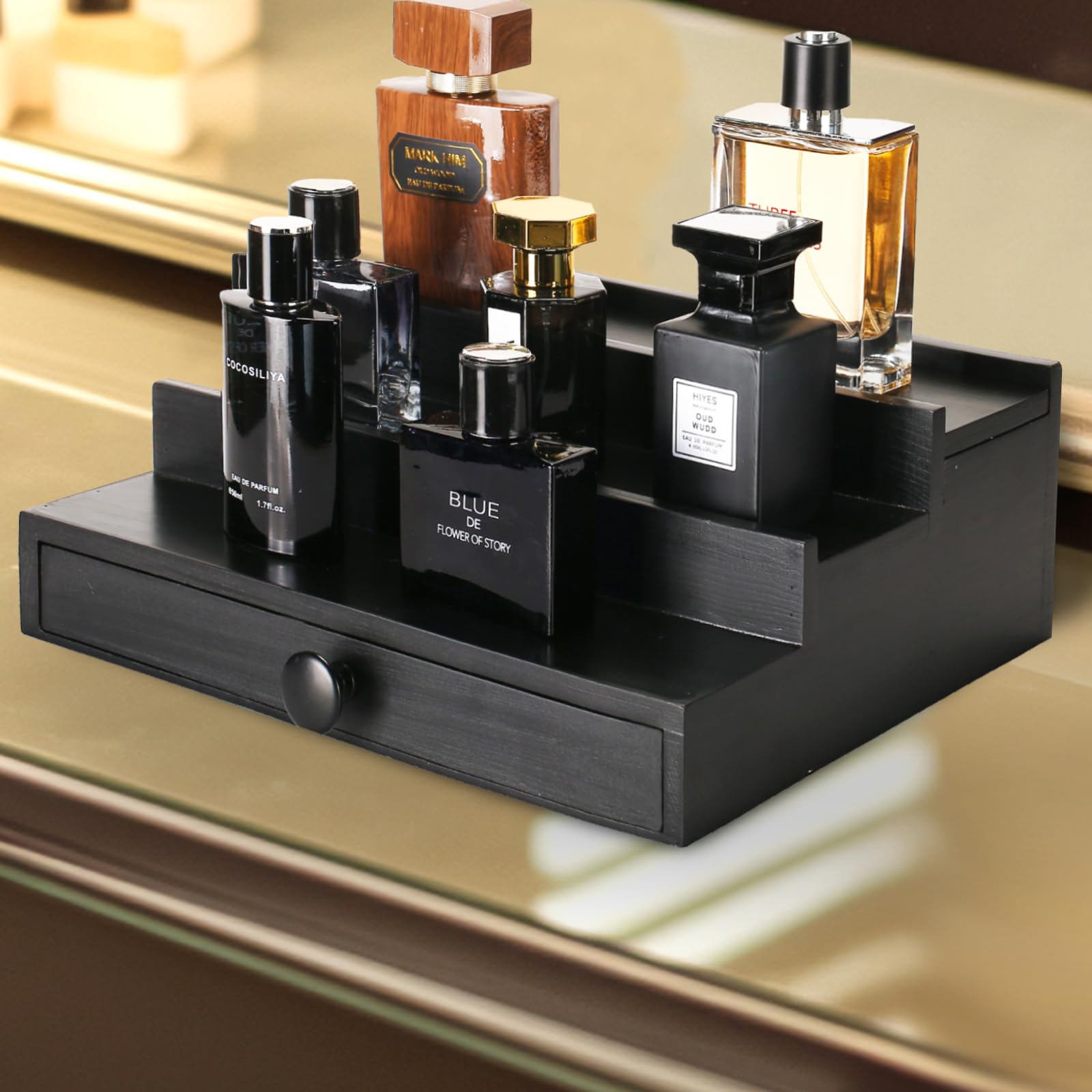 3-Tier Wooden Cologne Organizer for Men with Drawer - Perfume Display Stand for Dresser & Vanity
