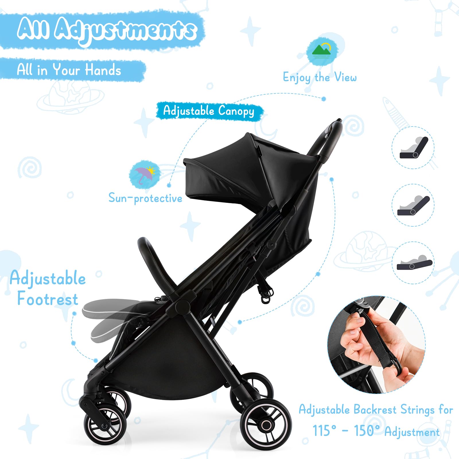 **HONEY JOY Lightweight Baby Stroller - Compact Travel Stroller for Airplane, Fits Cabin & Overhead Bins | One-Hand Gravity Fold, Self-Standing Toddler Stroller with Adjustable Backrest & Canopy (Black) | Perfect for Air Travel, Shopping, and Daily Walks**