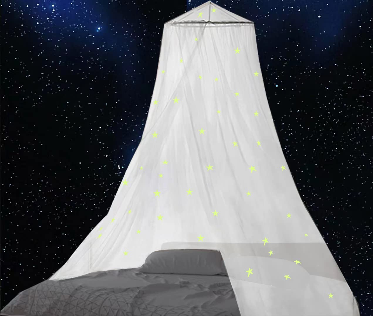 BCBYou Glow in the Dark Mosquito Net Bed Canopy with Fluorescent Stars - Baby, Kids & Adult Bed Tent for Cribs, Twin & Full Size Beds (White) - Perfect for Nursery, Kids' Room & Outdoor Camping Protection