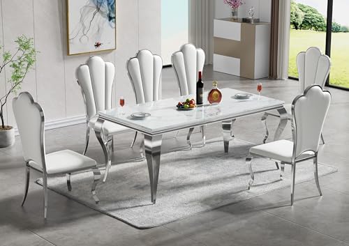 70” Silver Table With 6 White＆silver Petal Chair