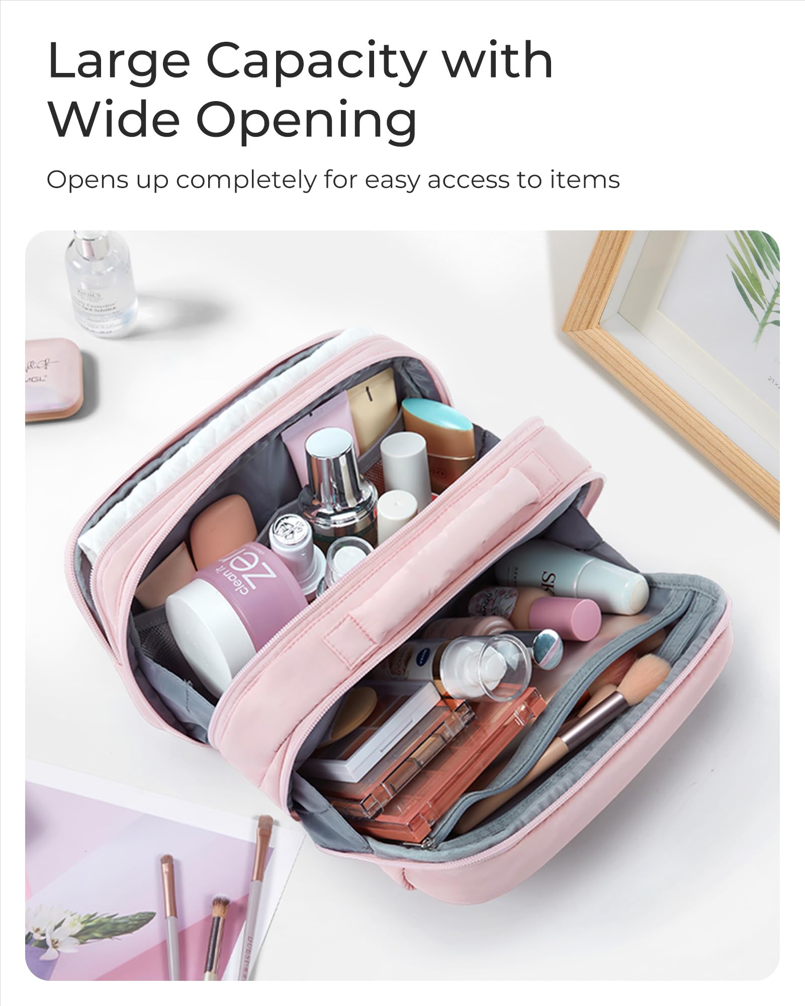 BAGSMART Women's Travel Toiletry Bag - Large Capacity Makeup Organizer with Wide Opening for Cosmetics, Brushes & Travel-Size Bottles - Perfect for Vacation, Gym & Business Trips (Pink)
