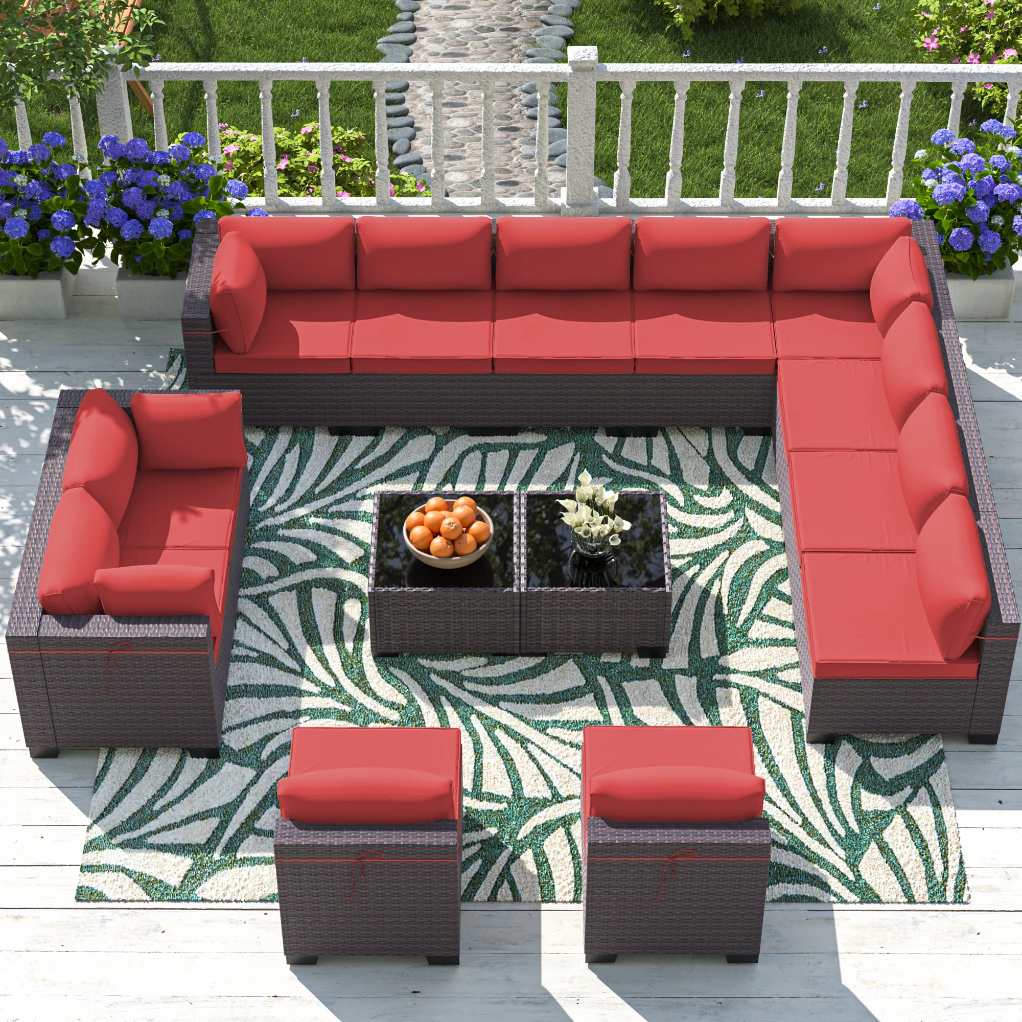 14-Piece ASJMR All-Weather PE Rattan Outdoor Patio Furniture Set with Cushions & Tempered Glass Table - Red Sectional Sofa for Garden, Poolside & Backyard Relaxation