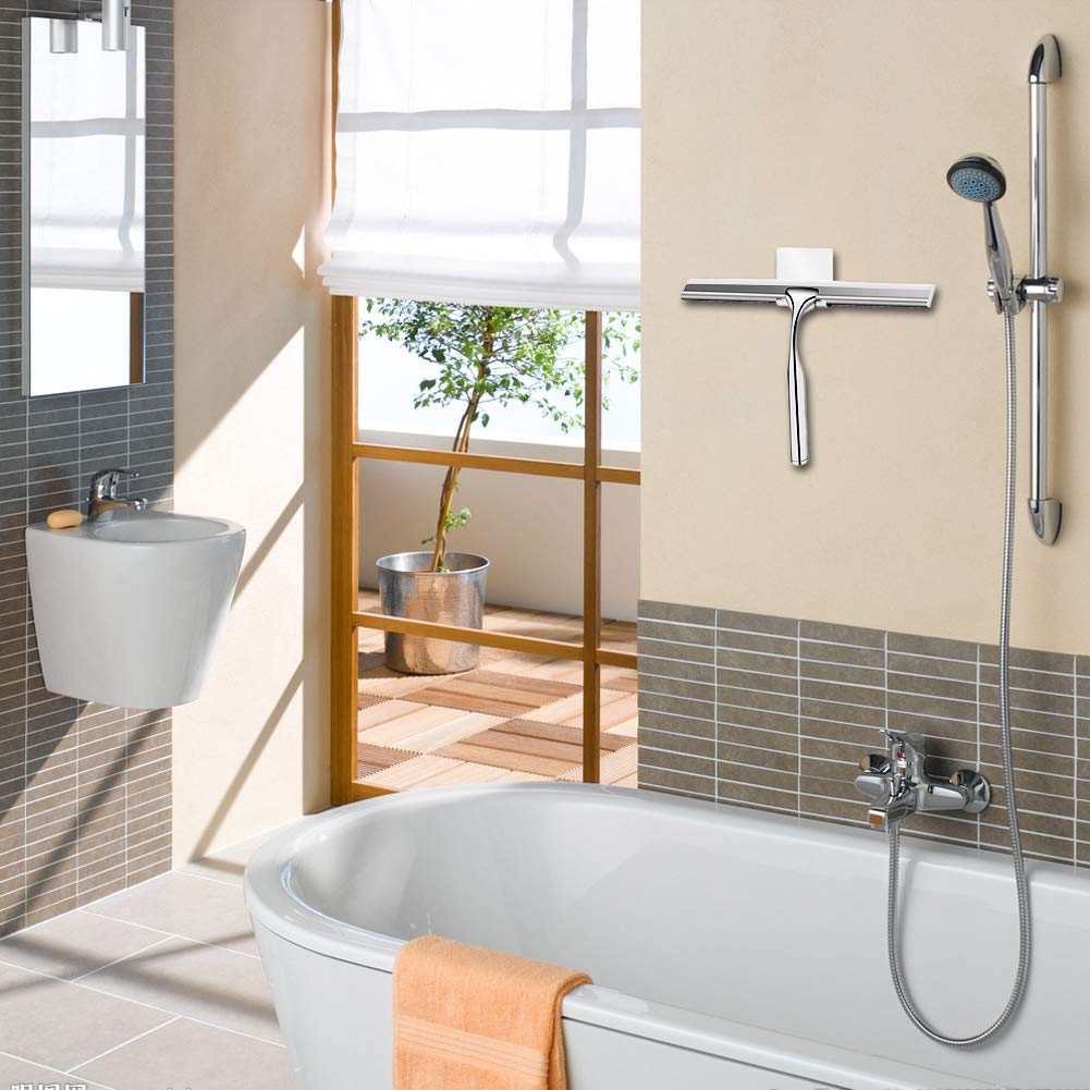 Premium Stainless Steel Shower Squeegee with Self-Adhesive Hook - Bathroom Mirror Wiper & Glass Cleaner for Shower Doors, Windows, Tiles - Perfect for Streak-Free Cleaning in Bathrooms, Kitchens, and Offices