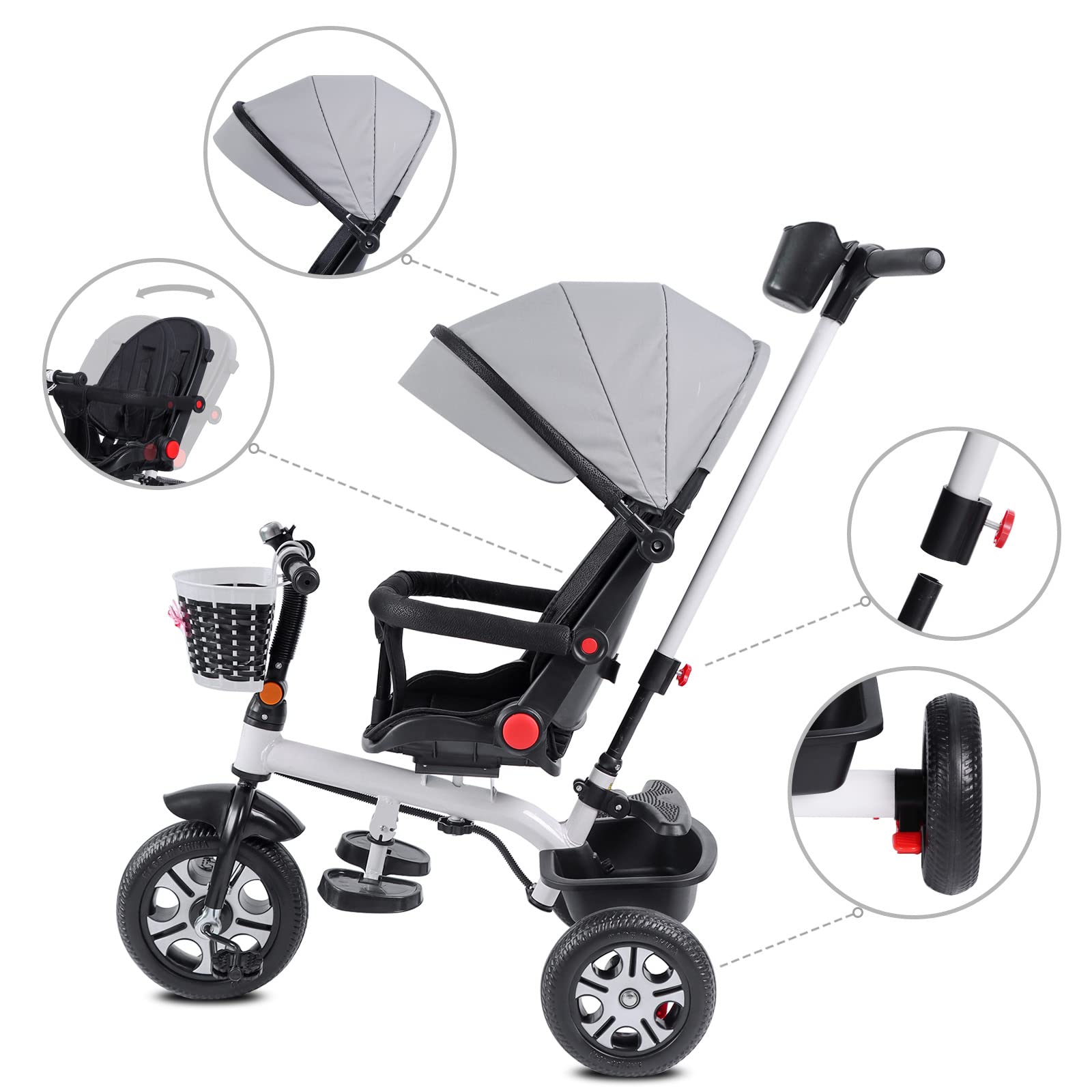 6-in-1 Baby Tricycle with Guardrail & Rotatable Seat - Adjustable Push Handle Stroller for Toddlers Boys & Girls - Perfect for Outdoor Play, Park Rides & Birthday Gifts
