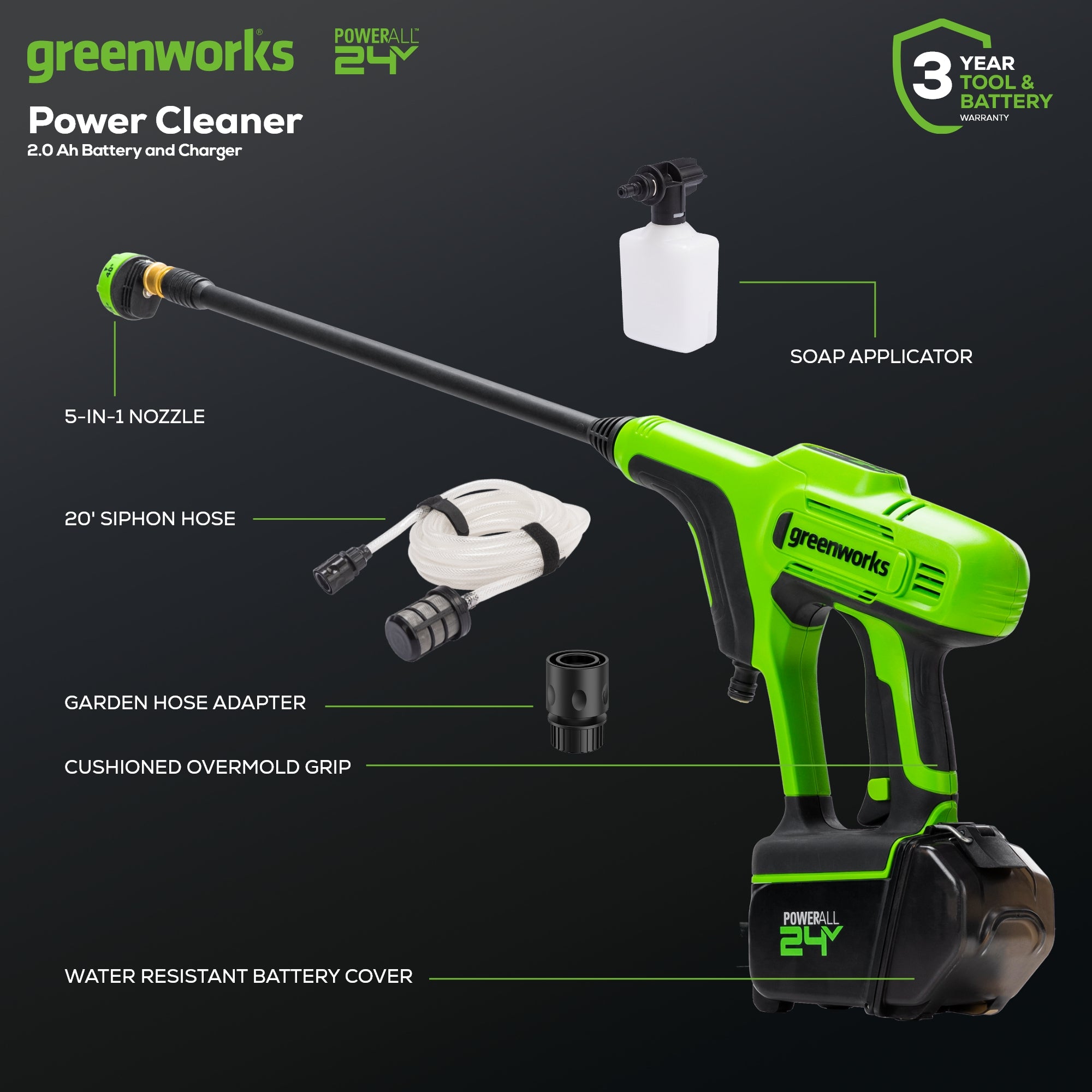 24V 600 PSI Cordless Power Cleaner with 2 Rechargeable 2.0Ah Batteries & Fast Charger - High Pressure Washer for Cars, Patio, Driveway & Outdoor Cleaning