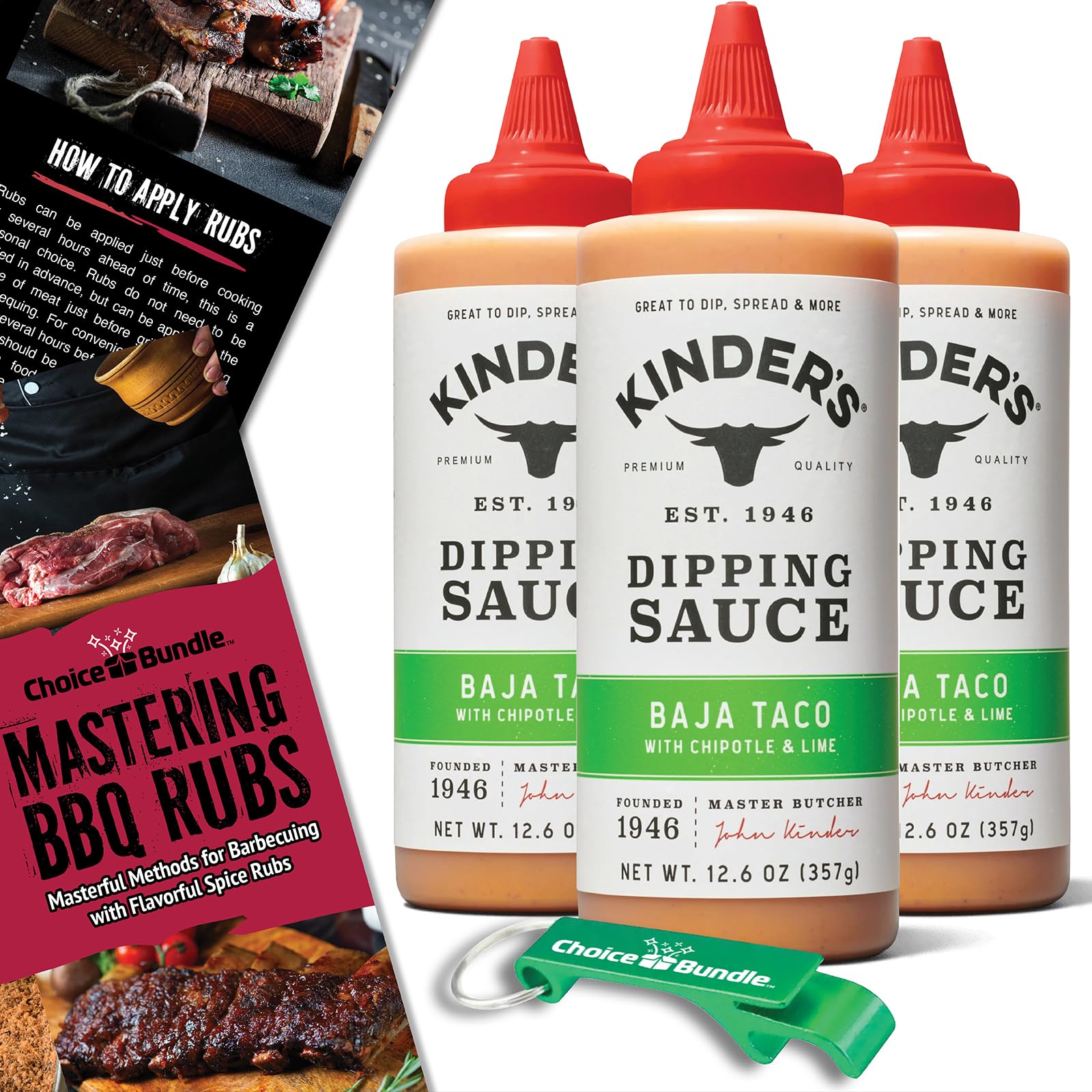 ChoiceBundle Kinder's Baja Taco Sauce with Chipotle Lime Dipping & Wing Sauce - 3 Pack (37.8 oz) | Perfect for Tacos, Wings, Burgers & More | Includes BBQ Guide & Keychain Bottle Opener (5 Items)