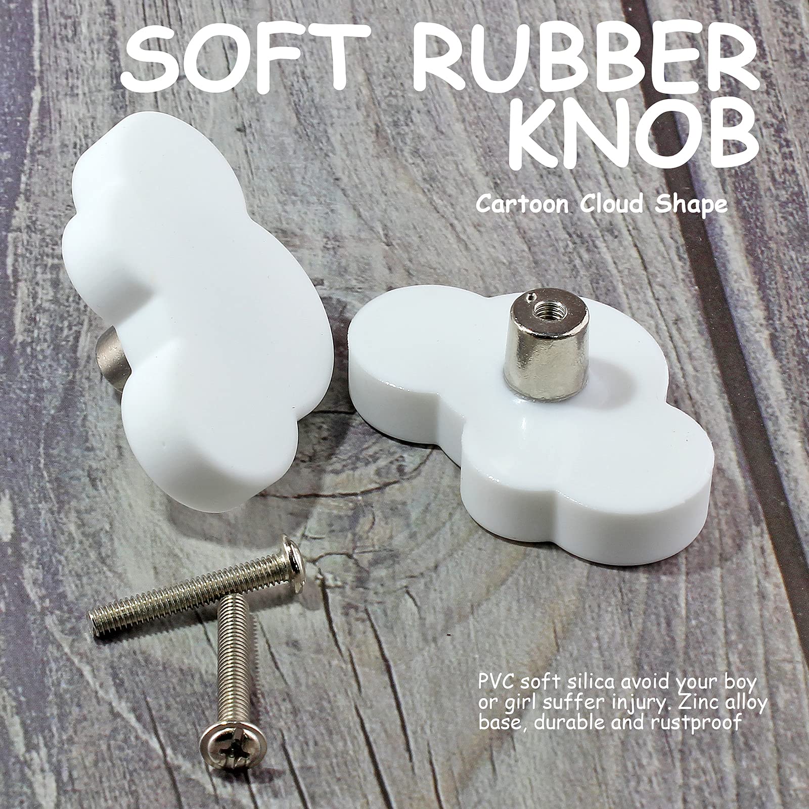 Yoohey 6PCS Soft Rubber Knobs - Cute Cartoon Cloud Shaped Cabinet Handles for Kids Room, Study, Dresser & Cupboards - Non-Toxic Silicone Pulls (White) - Perfect for Nursery Decor, DIY Furniture Upgrade & Child-Safe Home Organization