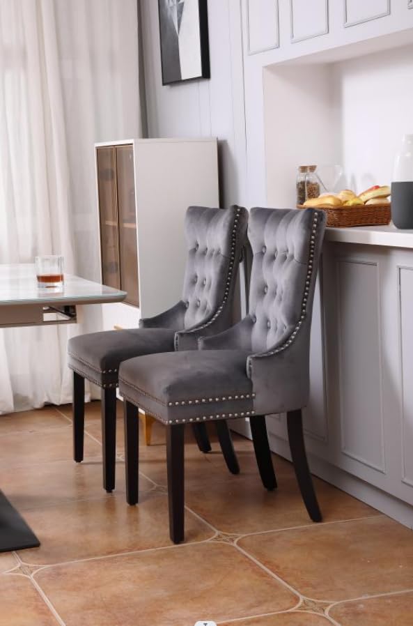 Luxury Grey Velvet Dining Chairs Set of 2 - Upholstered High Back Kitchen & Dining Room Chairs with Ring and Studs Design for Elegant Home Decor, Dinner Parties & Formal Entertaining