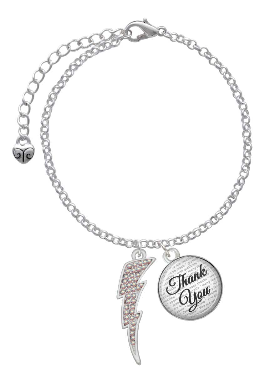 Delight Jewelry Silver-Tone Large Crystal Lightning Bolt Domed Thank You Charm Bracelet (8