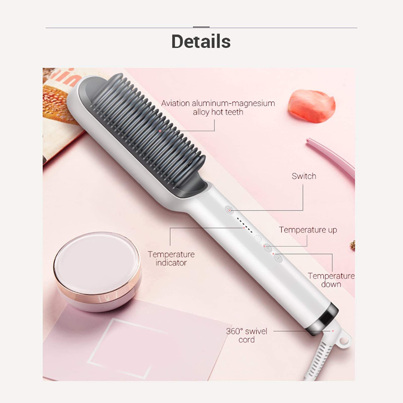 2-in-1 Ionic Hair Straightener Brush & Hot Curler Comb for Women - 5 Adjustable Heat Settings with Anti-Scald Protection (Black/Rosy, EU Plug) | Perfect for Home Use, Travel & Salon-Quality Styling